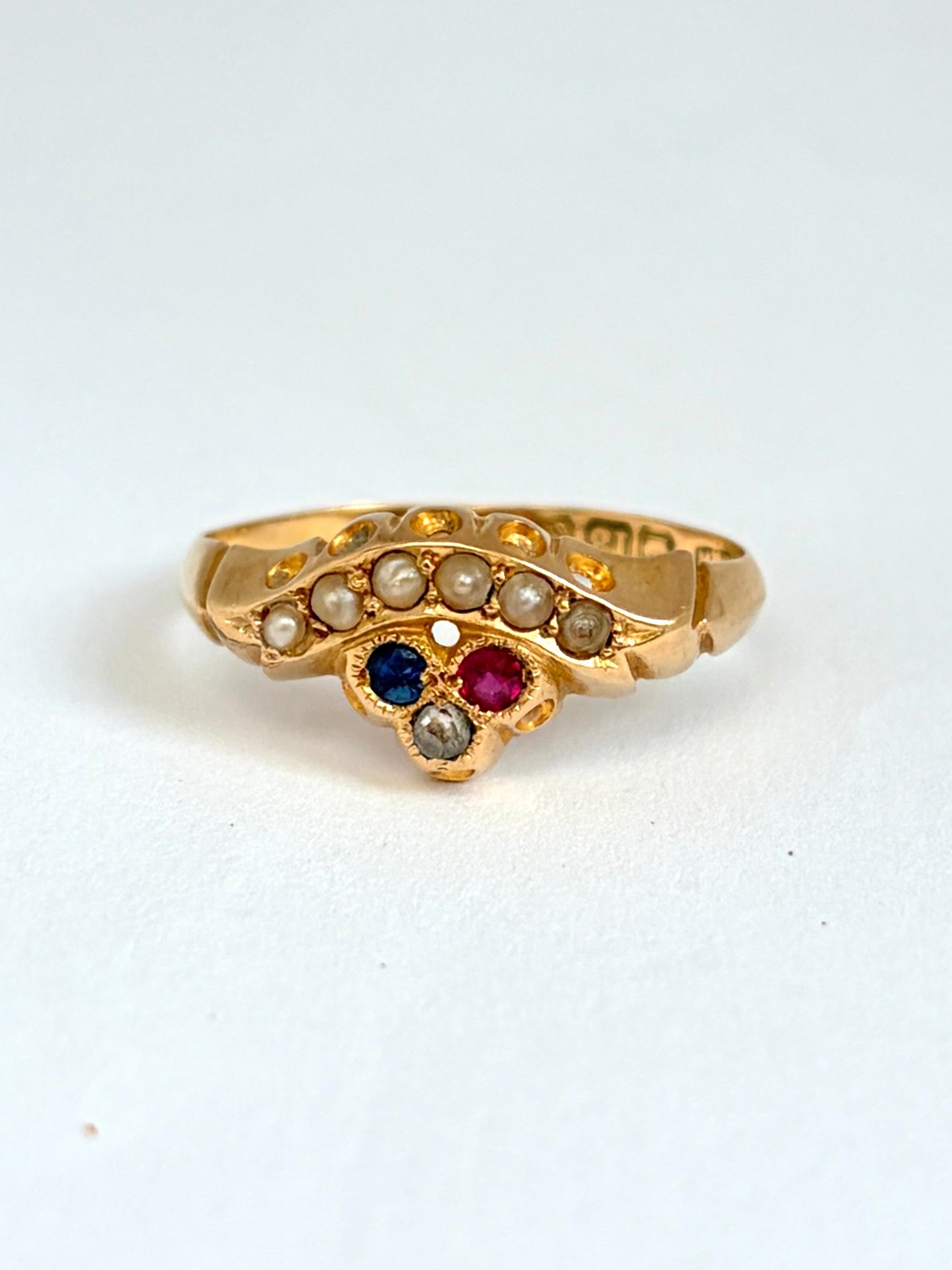 Antique, 18ct Gold Pearl, Ruby, Sapphire and Diamond Ring, Hallmarked, 18ct Gold Birmingham 1900