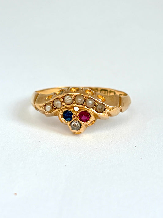 Antique, 18ct Gold Pearl, Ruby, Sapphire and Diamond Ring, Hallmarked, 18ct Gold Birmingham 1900