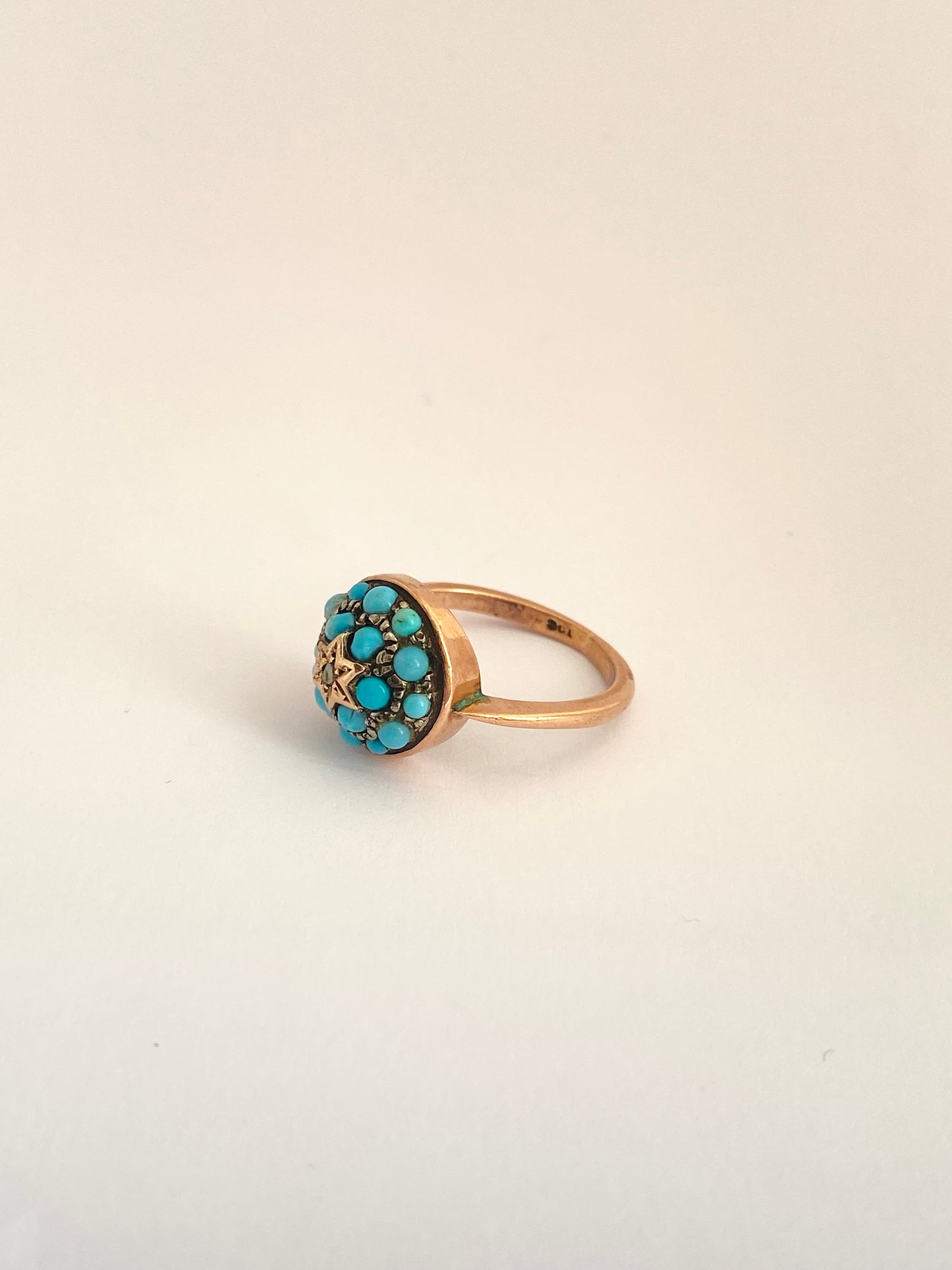 9ct Gold, Antique, Turquoise and Rose Cut Diamond Cluster/Bombe Ring