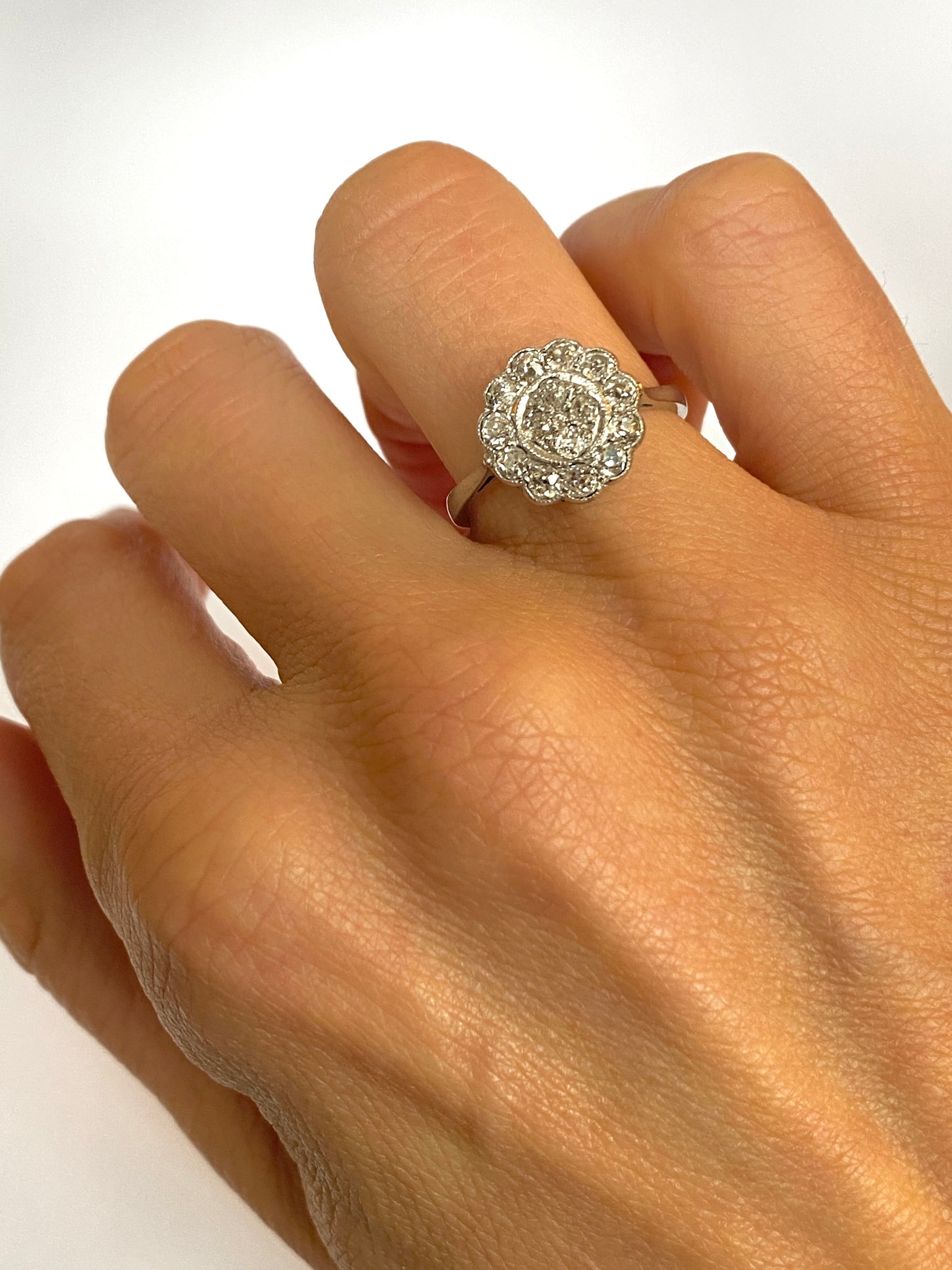 18ct White Gold, Art Deco, Old Cut Diamond Cluster / Engagement Ring, Circa 1940