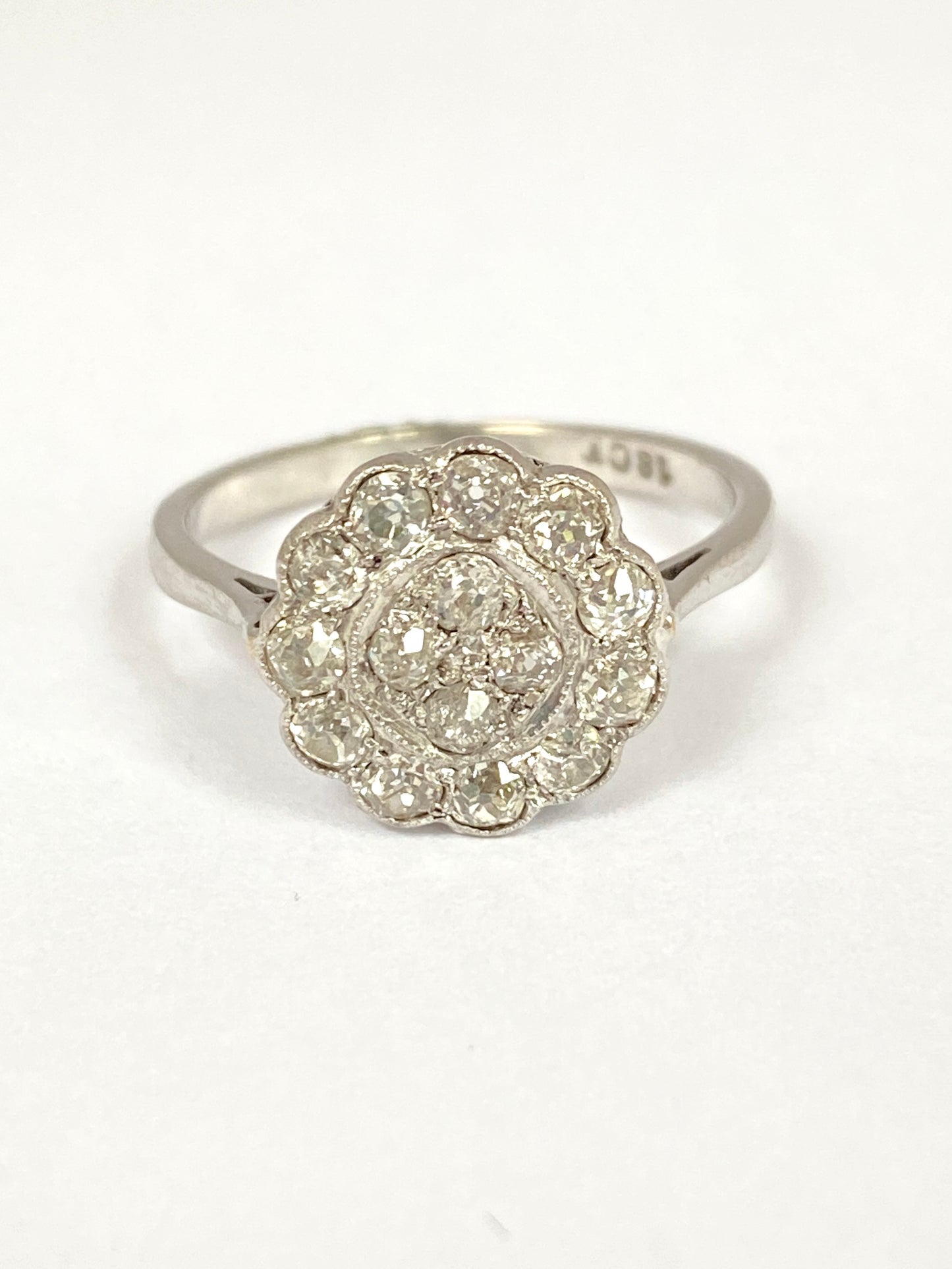 18ct White Gold, Art Deco, Old Cut Diamond Cluster / Engagement Ring, Circa 1940