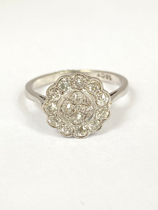 18ct White Gold, Art Deco, Old Cut Diamond Cluster / Engagement Ring, Circa 1940