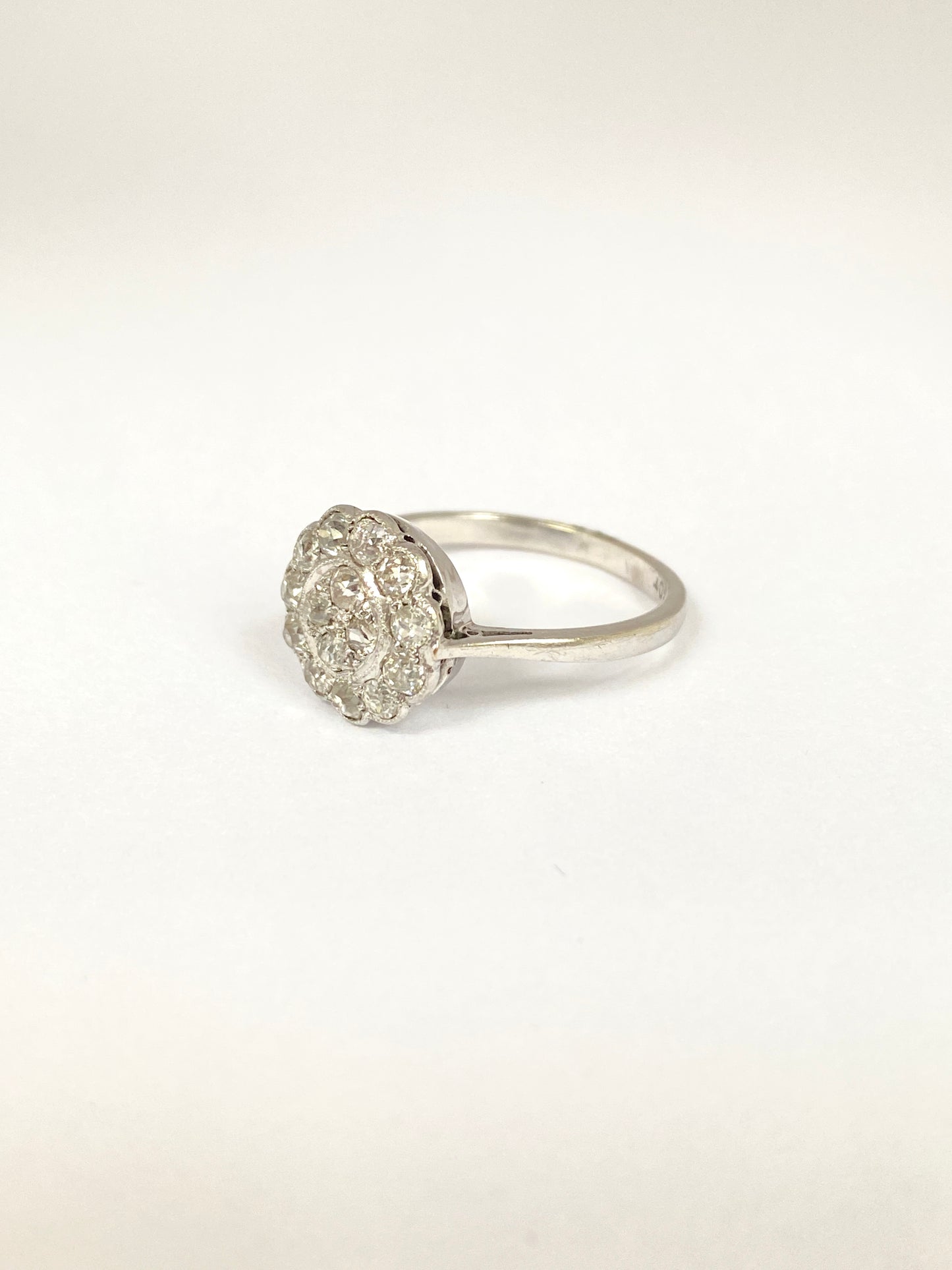 18ct White Gold, Art Deco, Old Cut Diamond Cluster / Engagement Ring, Circa 1940