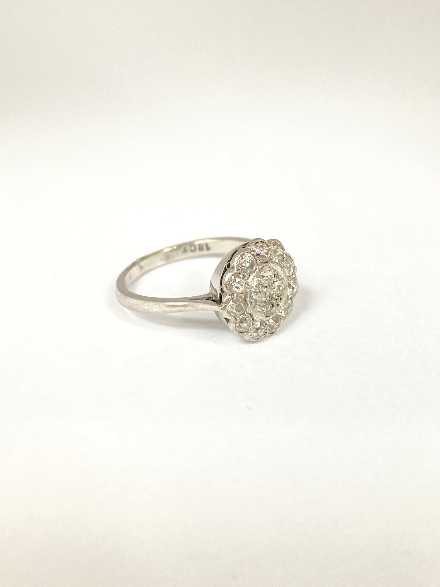 18ct White Gold, Art Deco, Old Cut Diamond Cluster / Engagement Ring, Circa 1940