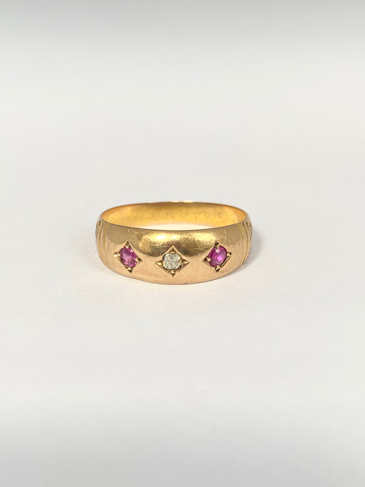 Victorian, 18ct Gold Ruby and Cushion Cut Diamond Gypsy Ring, Hallmarked Chester, 1899