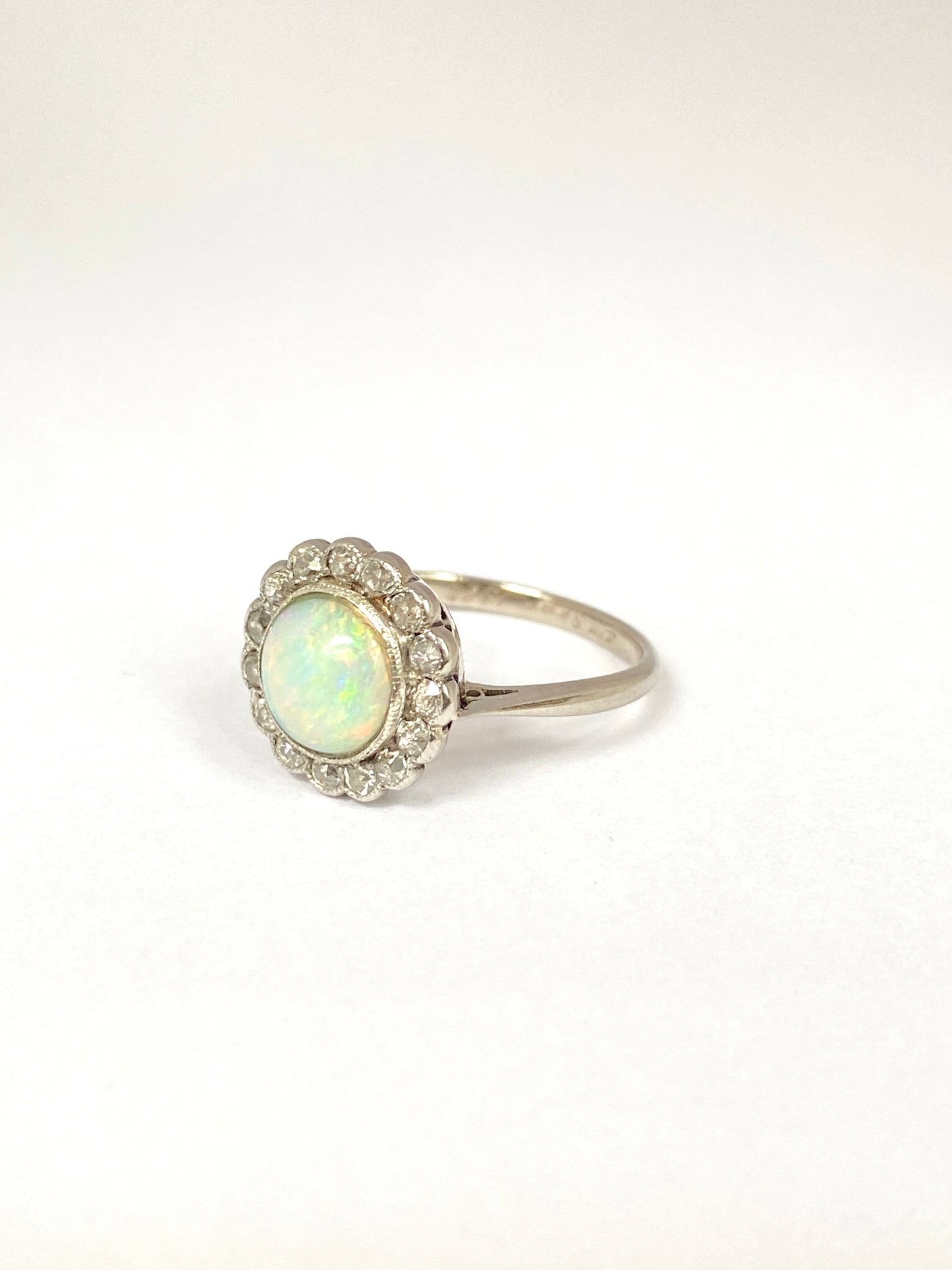 Vintage, Platinum Opal and Old Cut Diamond Cluster Ring, Marked 1928