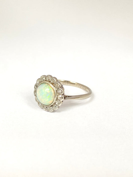Vintage, Platinum Opal and Old Cut Diamond Cluster Ring, Marked 1928