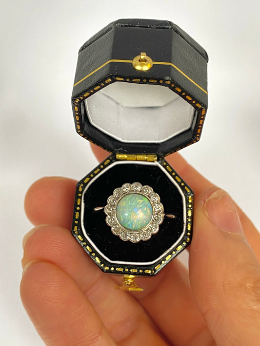 Vintage, Platinum Opal and Old Cut Diamond Cluster Ring, Marked 1928