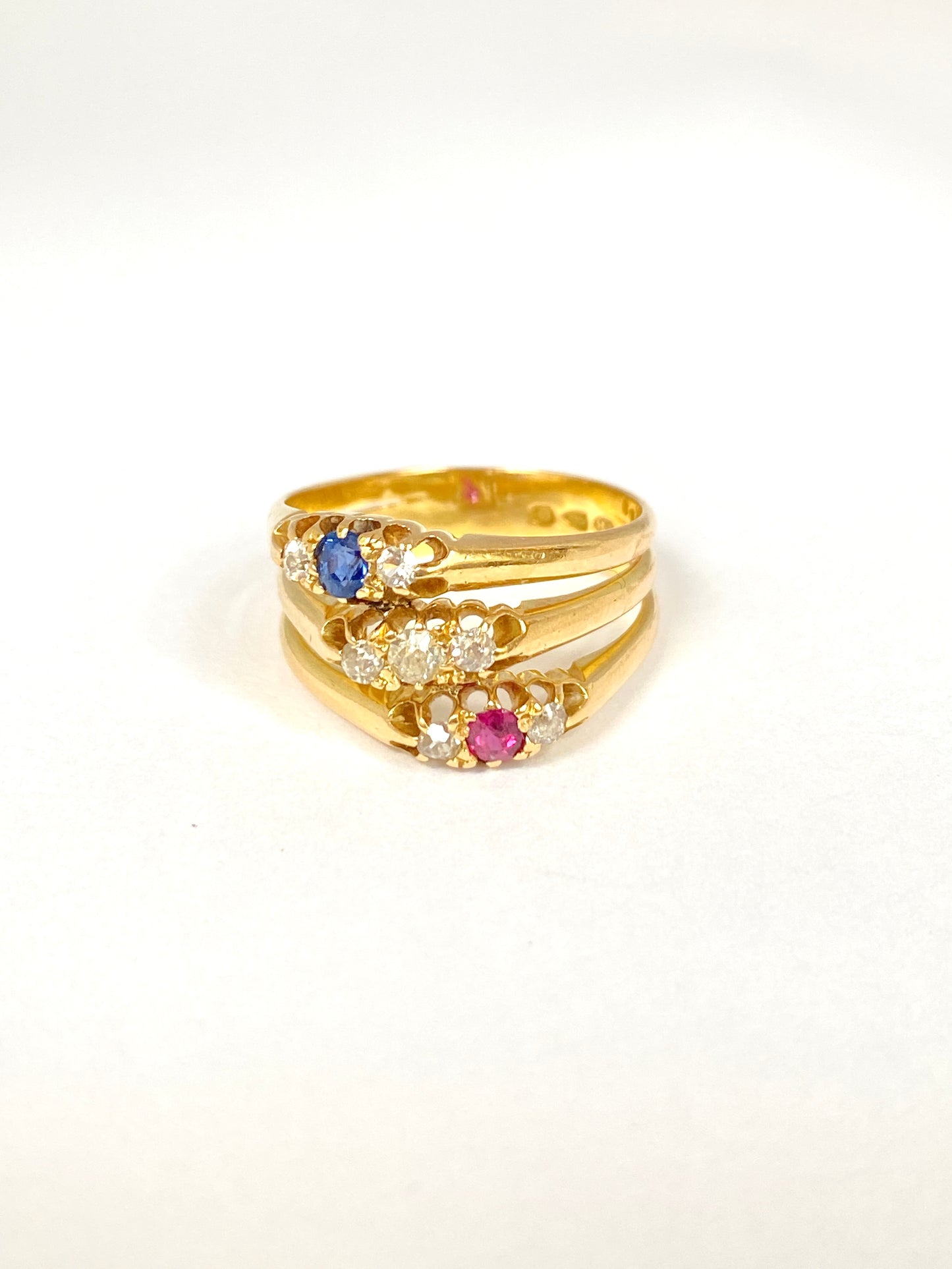 Antique, Victorian 18ct Gold Ruby, Sapphire and Diamond Triple Band Ring, Hallmarked, Chester 1897