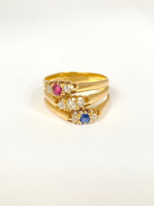 Antique, Victorian 18ct Gold Ruby, Sapphire and Diamond Triple Band Ring, Hallmarked, Chester 1897