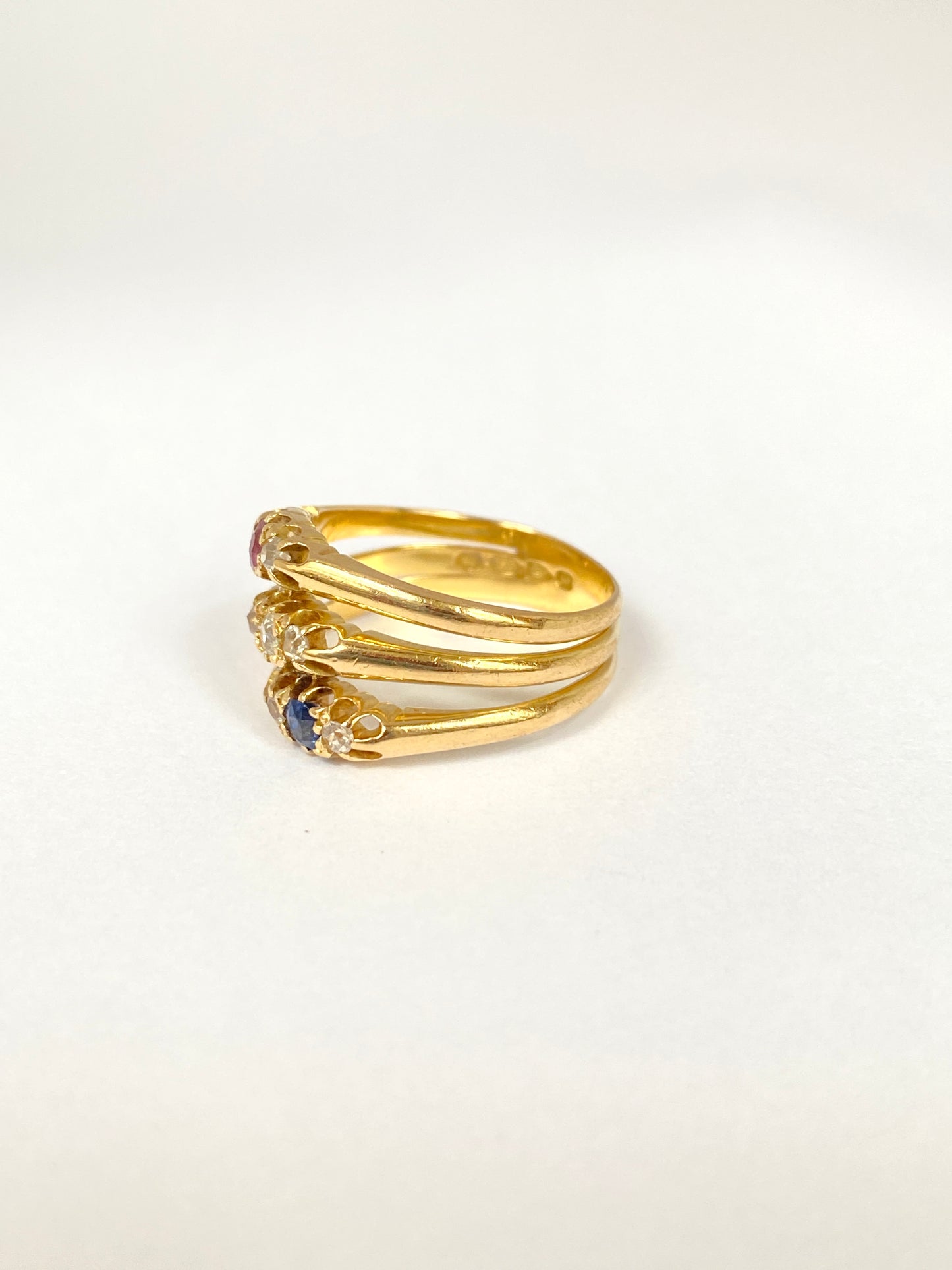 Antique, Victorian 18ct Gold Ruby, Sapphire and Diamond Triple Band Ring, Hallmarked, Chester 1897