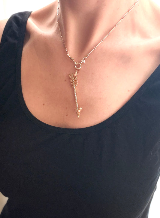 Large, Victorian, 15ct Gold Angel Hair Coral and Pearl Arrow Necklace