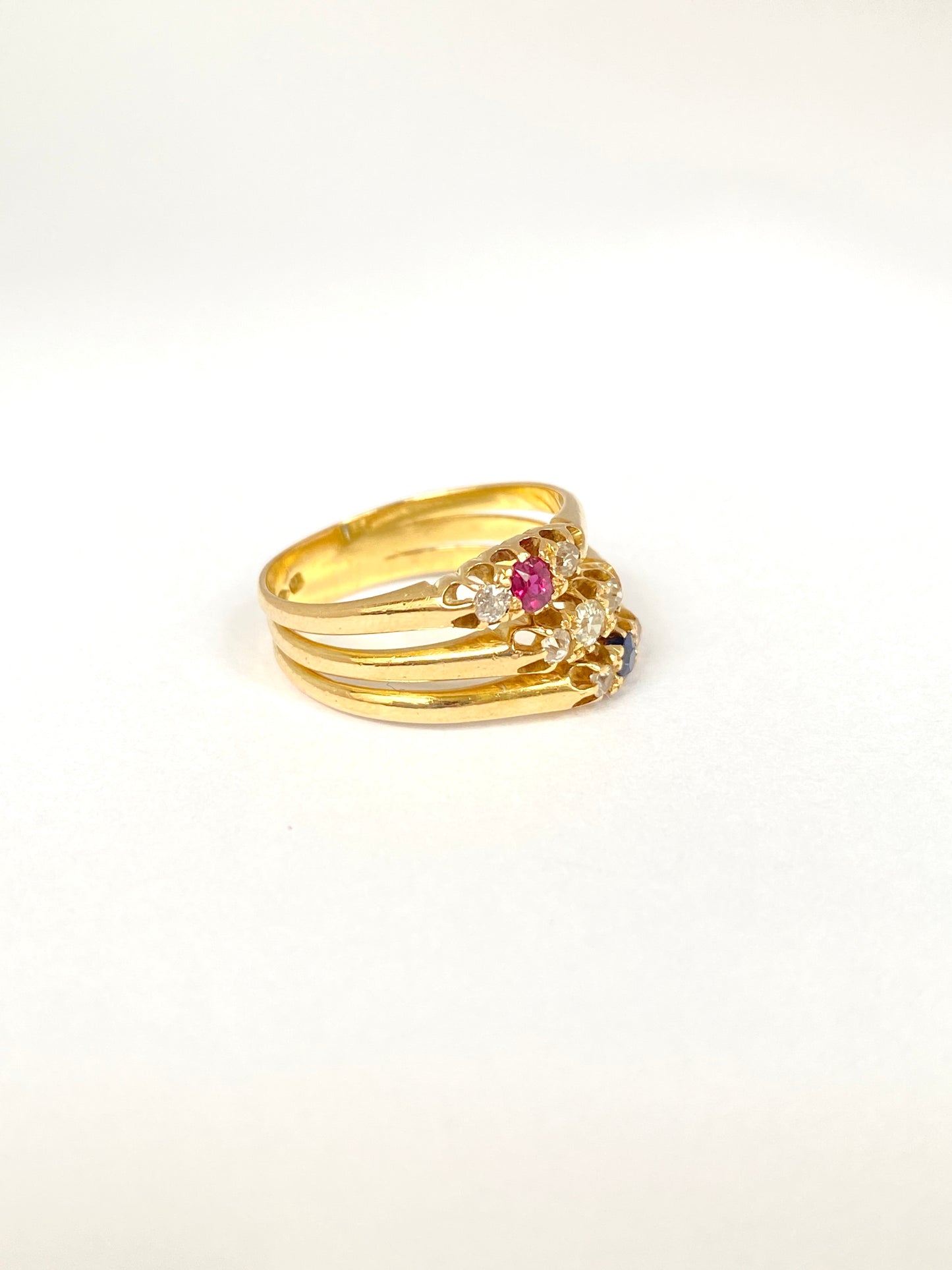 Antique, Victorian 18ct Gold Ruby, Sapphire and Diamond Triple Band Ring, Hallmarked, Chester 1897