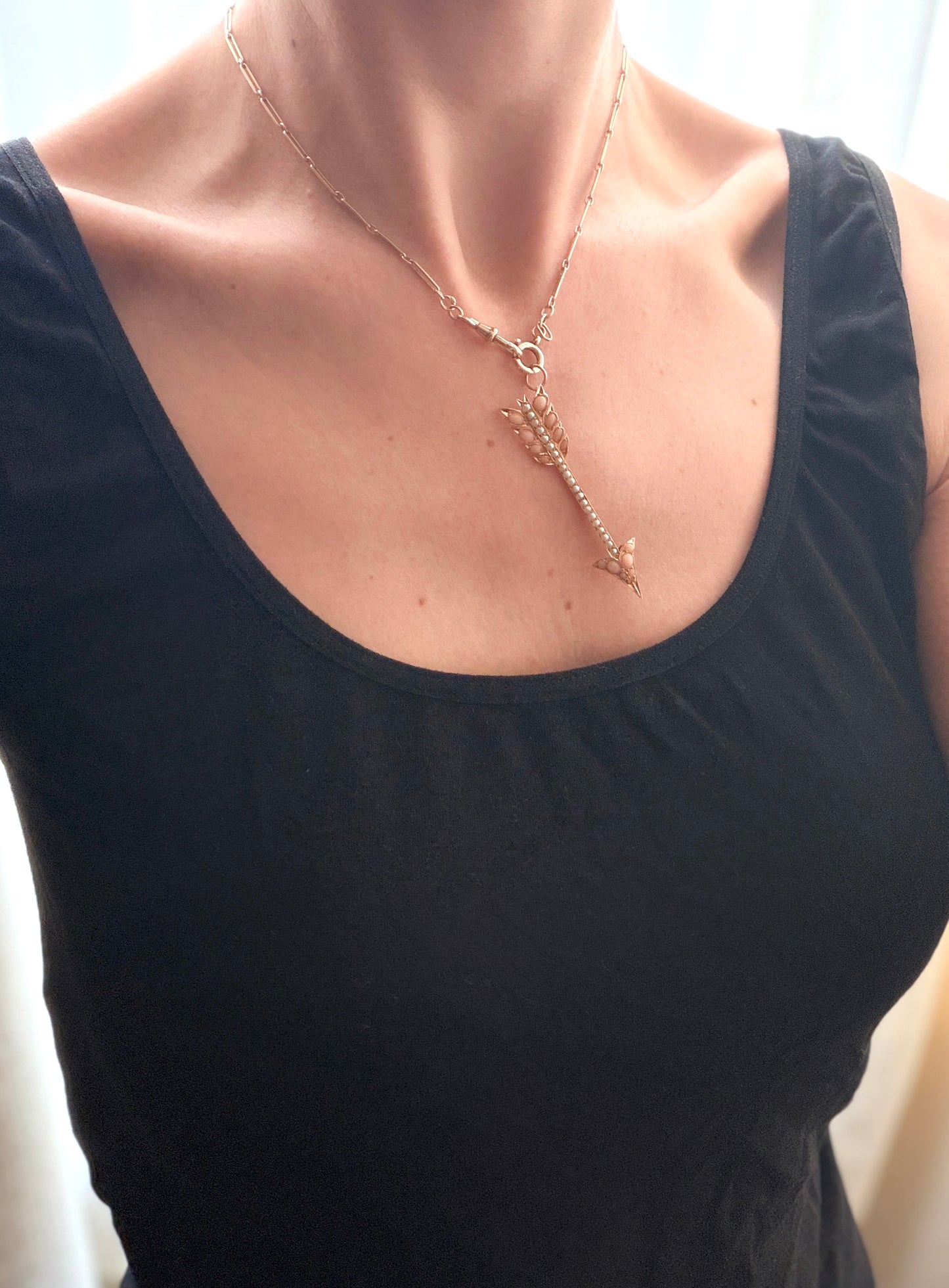 Large, Victorian, 15ct Gold Angel Hair Coral and Pearl Arrow Necklace
