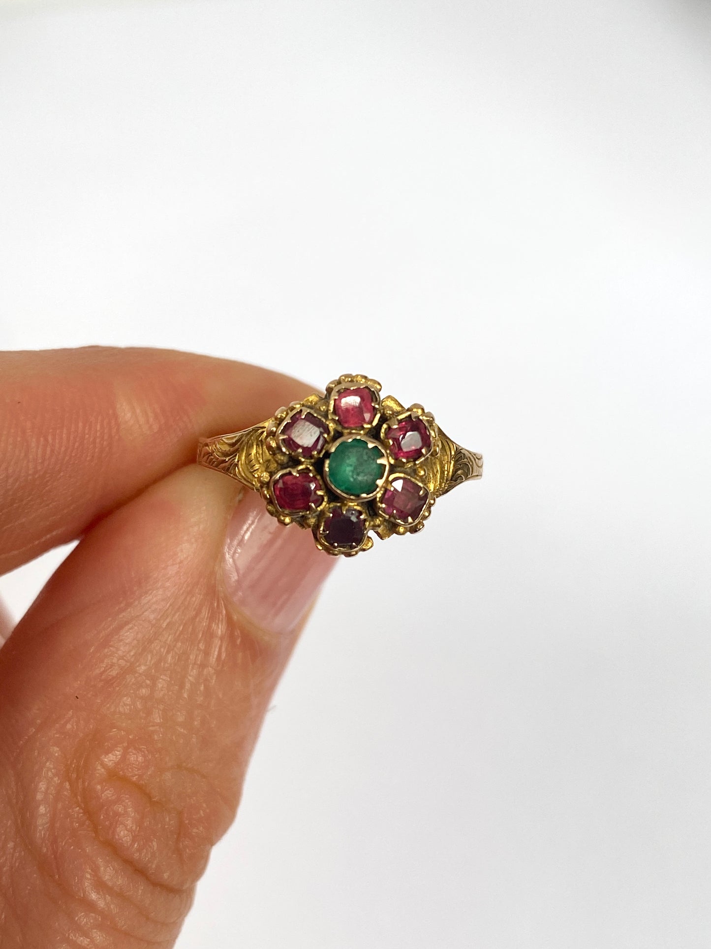 9ct Gold, Antique, Victorian Emerald and Almandine Garnet Ring