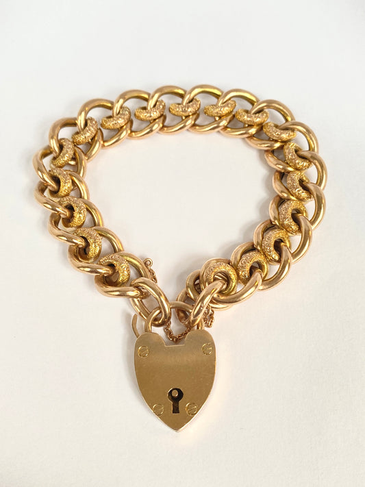 9ct Gold, Victorian Chased Night and Day Bracelet with Heart Padlock Clasp, 26.32g