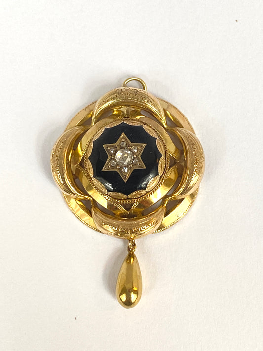 Victorian, Antique, 15ct Gold, Black Enamel and Rose Cut Diamonds Pendant