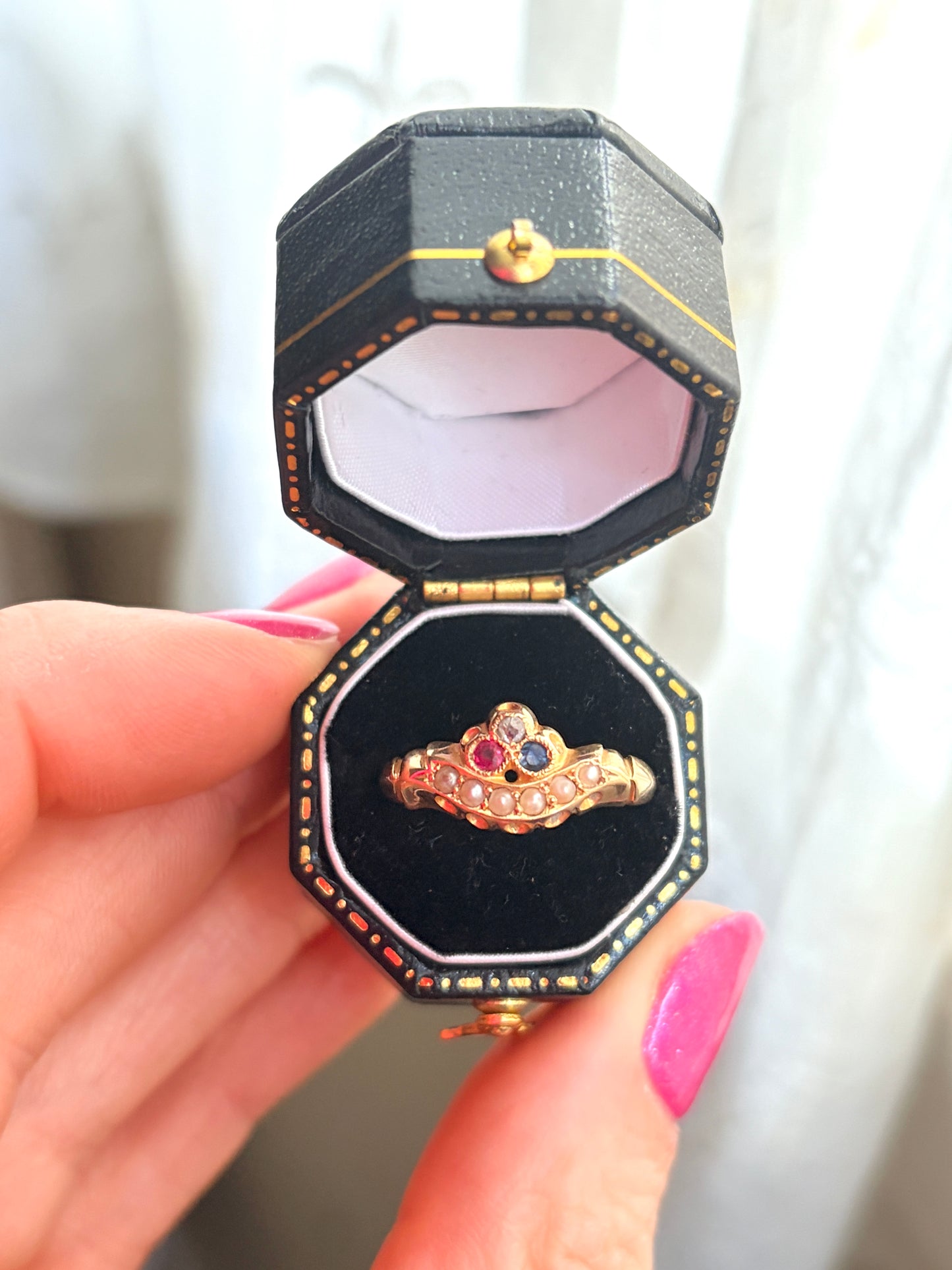 Antique, 18ct Gold Pearl, Ruby, Sapphire and Diamond Ring, Hallmarked, 18ct Gold Birmingham 1900