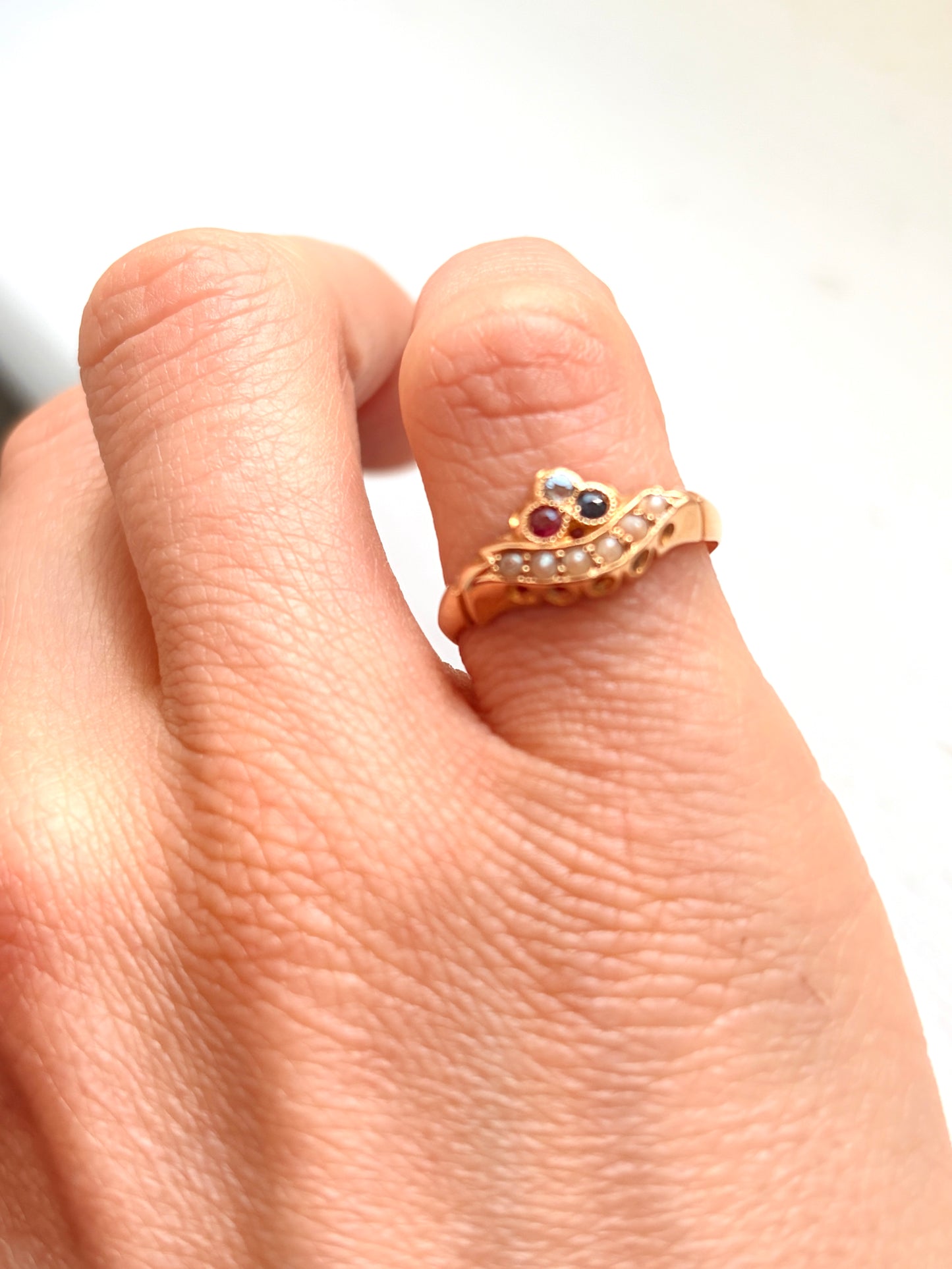 Antique, 18ct Gold Pearl, Ruby, Sapphire and Diamond Ring, Hallmarked, 18ct Gold Birmingham 1900