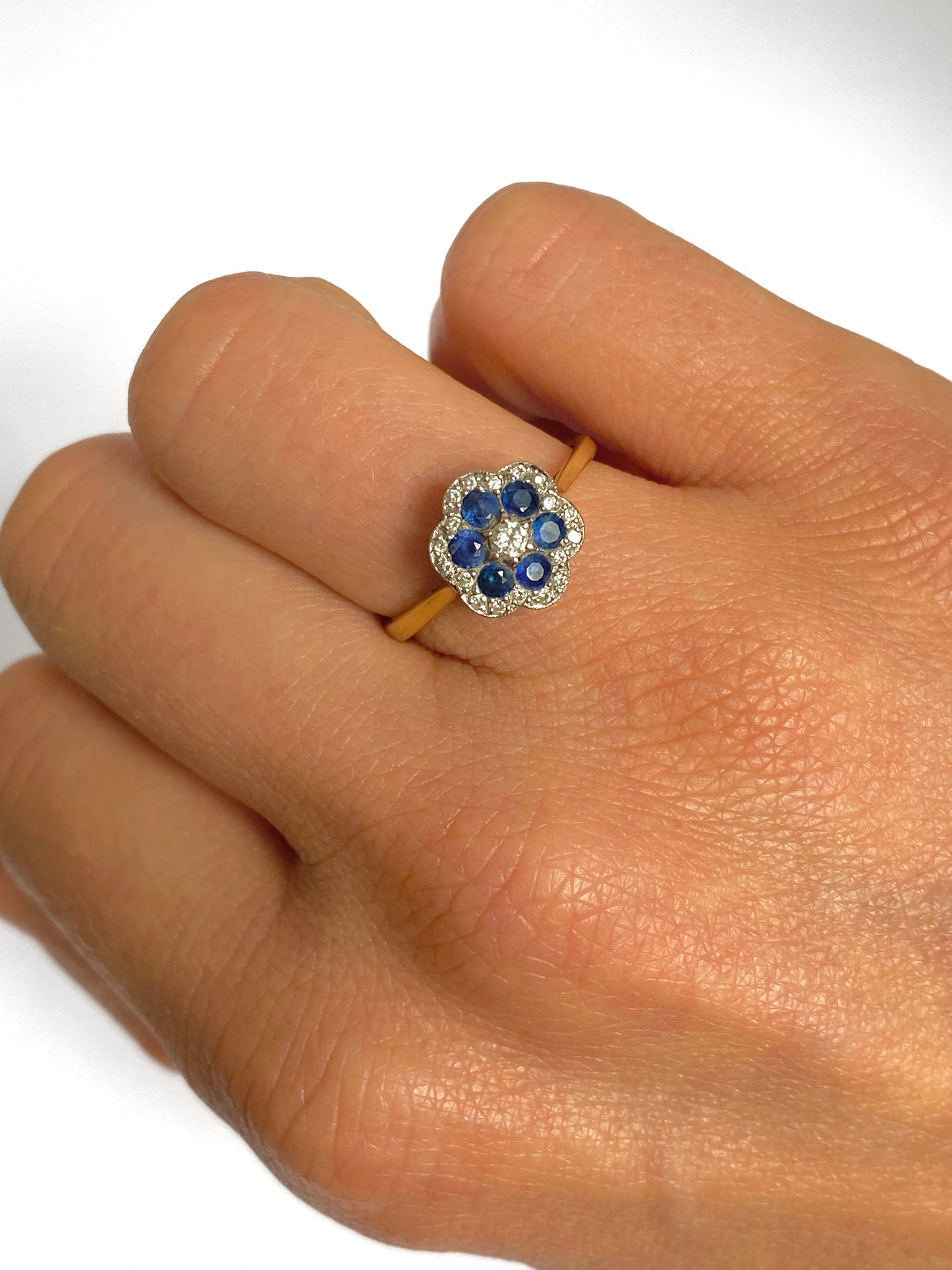 Vintage, Art Deco, 18ct Gold Sapphire and Diamond Flower ring