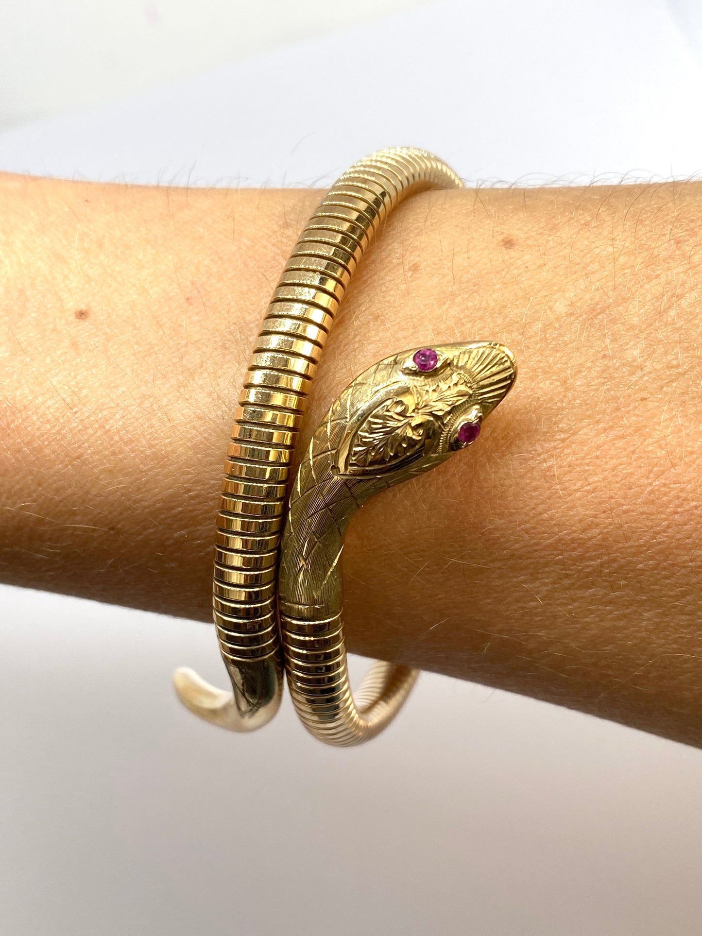 SECOND PAYMENT Reserved VINTAGE, 9ct Gold, Ruby Eyed Extendable Snake Bangle, Hallmarked 9ct Gold, Chester, 1957i