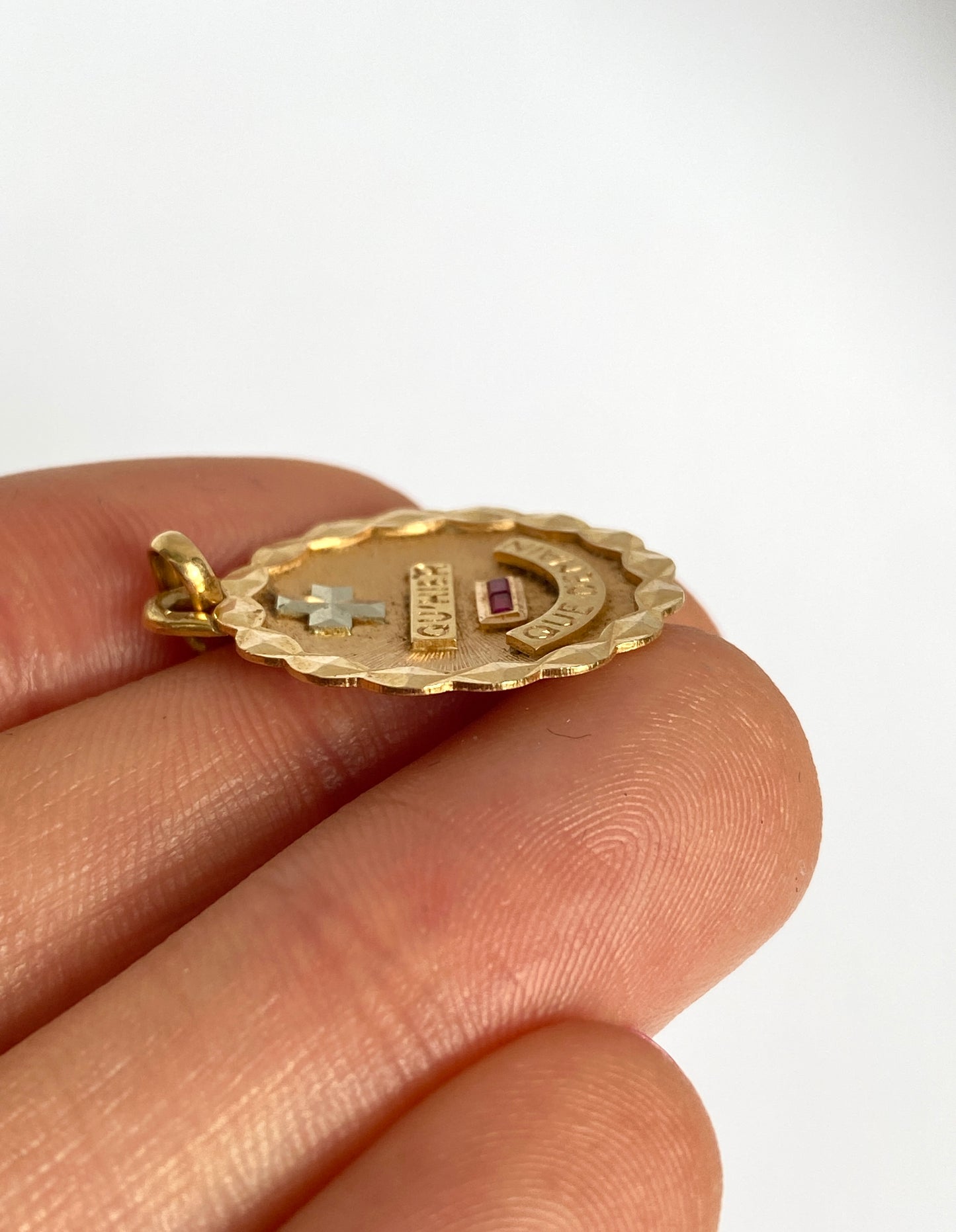 Vintage, 18ct Gold, Ruby French Augis Love Pendant, 'Qu'hier - Que demain'