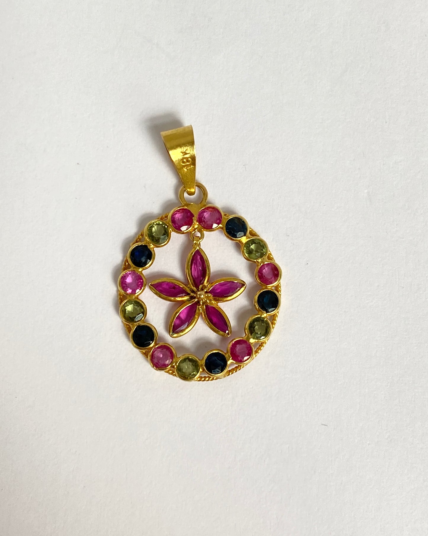 Vintage, 18ct Gold, Spinel Flower Pendant