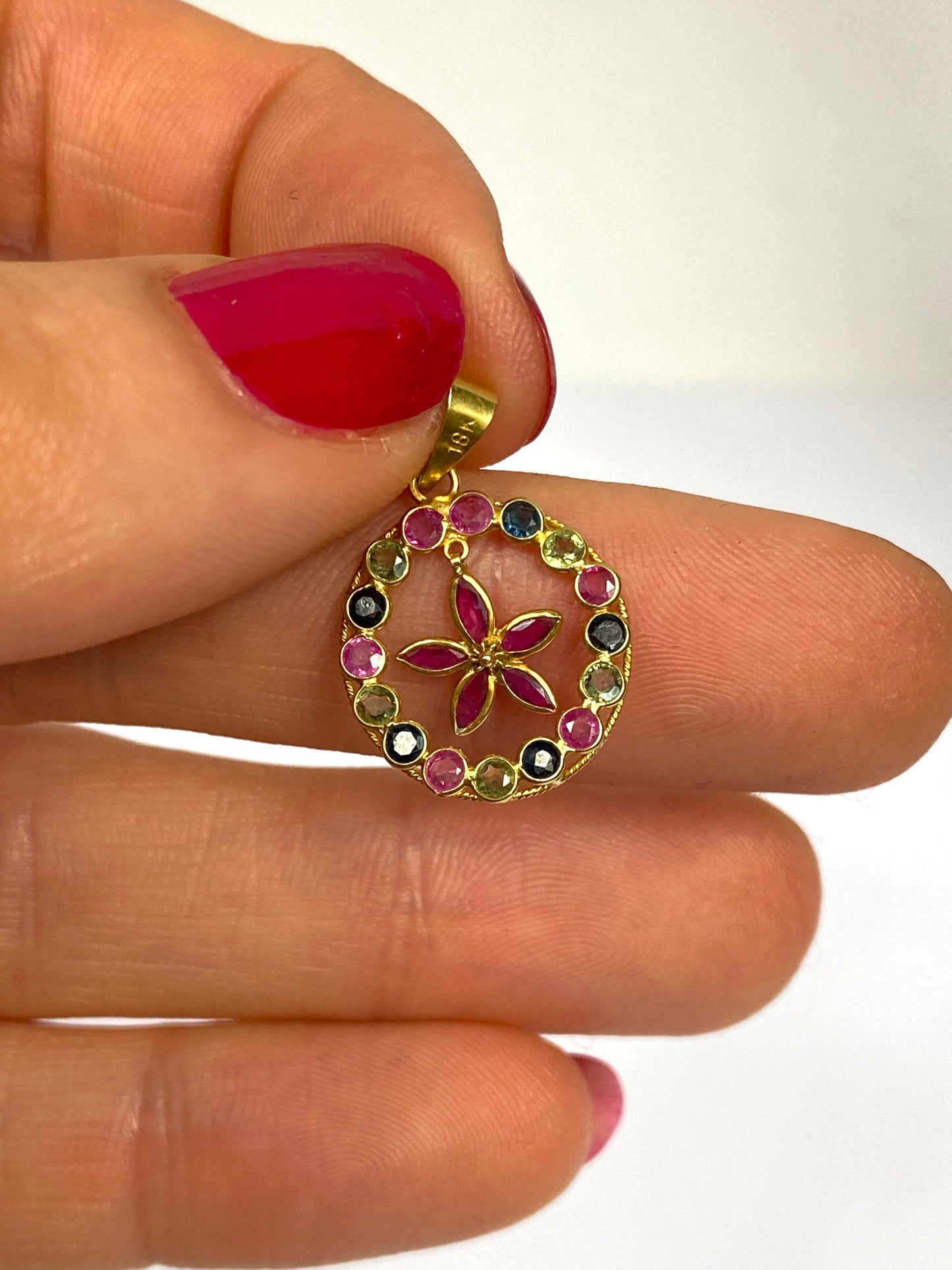 Vintage, 18ct Gold, Spinel Flower Pendant