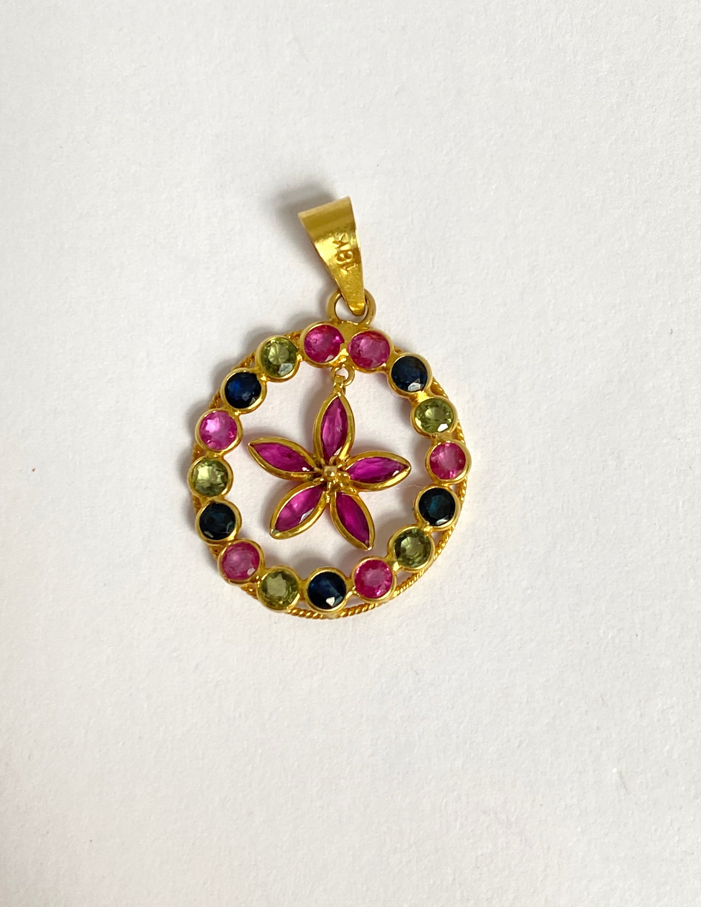 Vintage, 18ct Gold, Spinel Flower Pendant