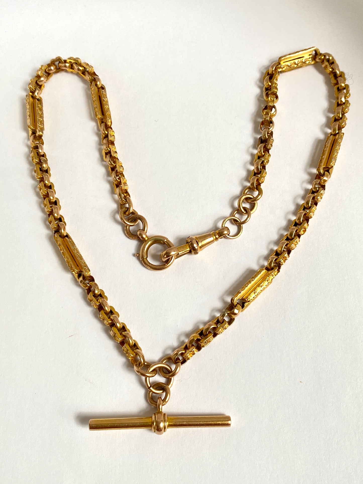 15 inch, Antique, Victorian 9ct Gold Fancy Link Albert Watch Chain with T bar and dog clip (16.21g)