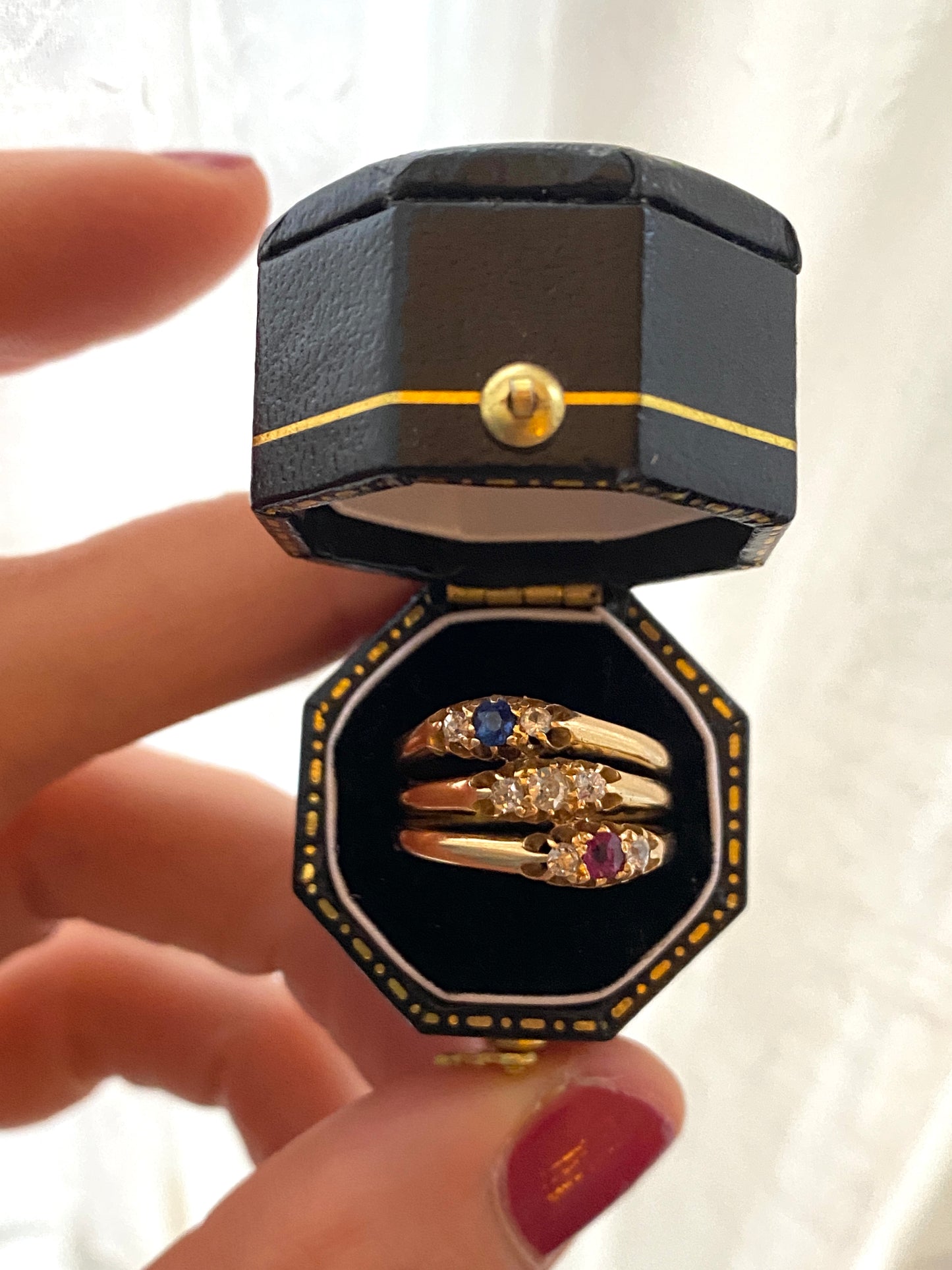 Antique, Victorian 18ct Gold Ruby, Sapphire and Diamond Triple Band Ring, Hallmarked, Chester 1897