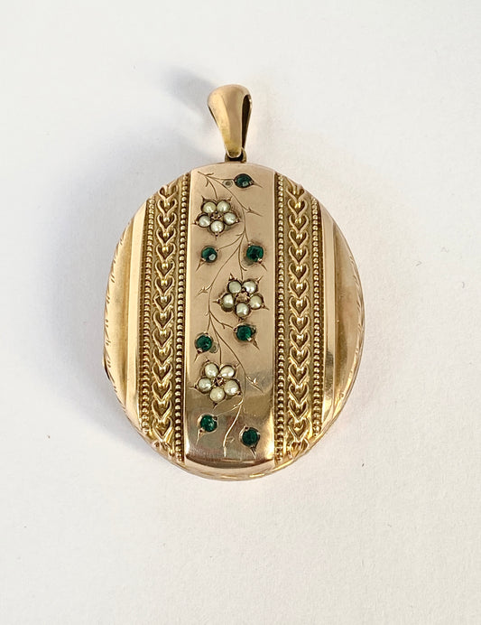 Victorian 9ct Gold, Vintage Locket with Seed Pearl Flowers and Green Emerald Paste stones