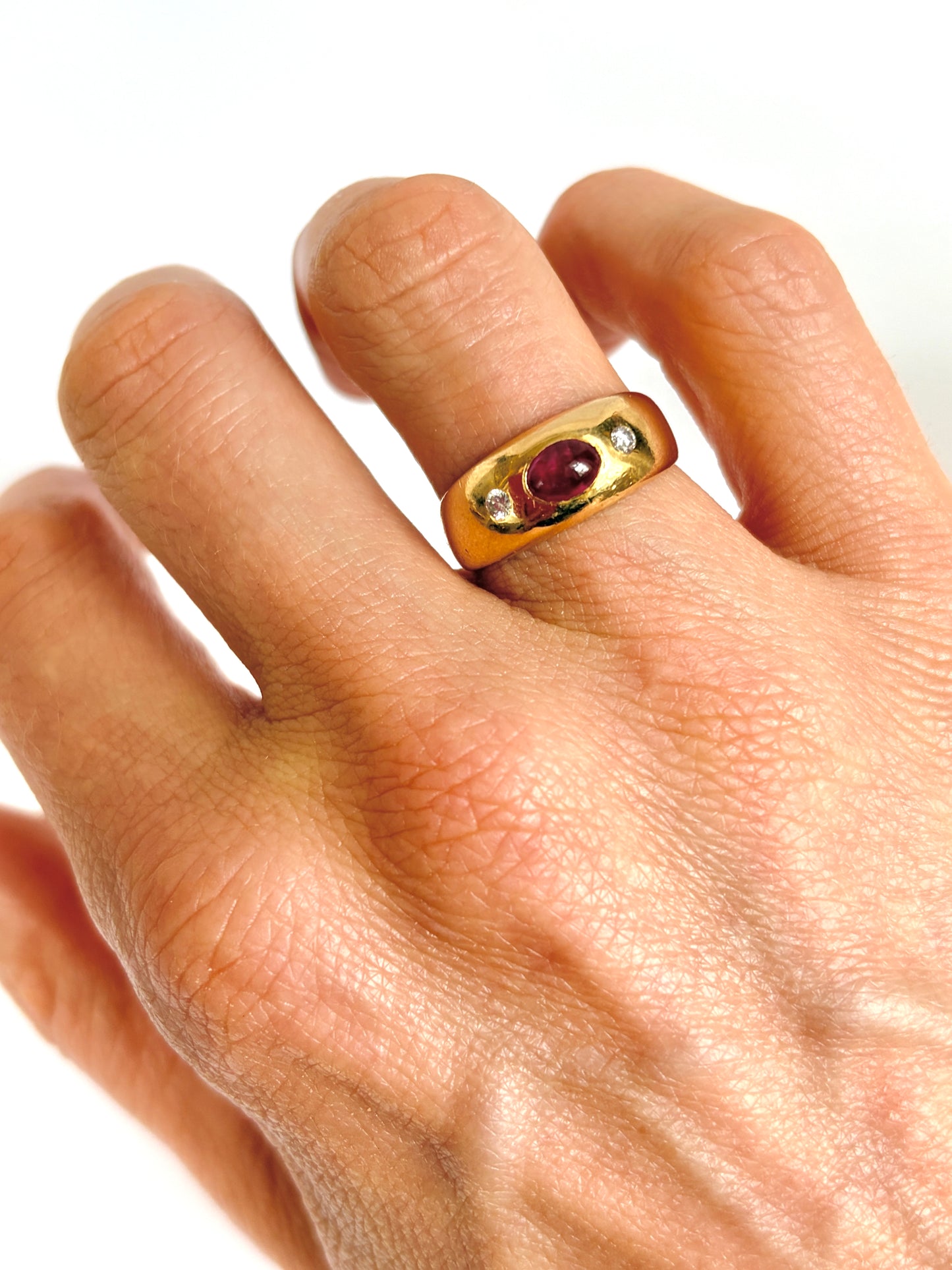 Heavy, Vintage, 18ct Gold Ruby and Diamond Gypsy Ring, Hallmarked 18ct Gold Edinburgh, 1951