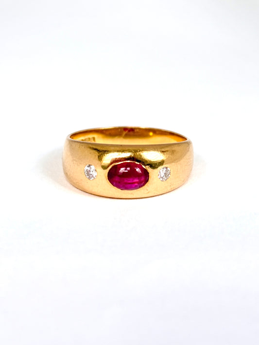 Heavy, Vintage, 18ct Gold Ruby and Diamond Gypsy Ring, Hallmarked 18ct Gold Edinburgh, 1951