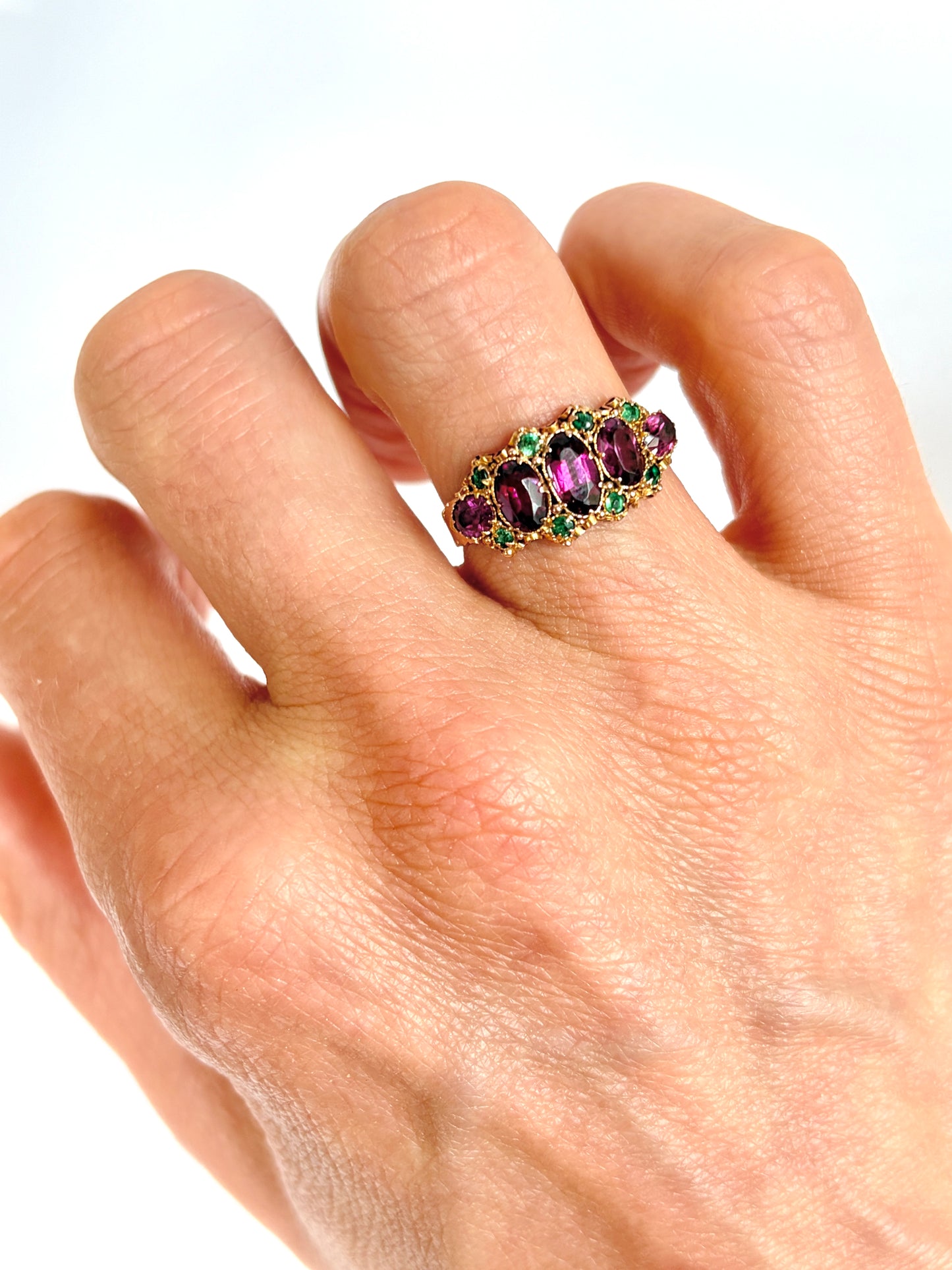 Victorian, 15ct Gold Almandine Garnet and Emerald Ring, Hallmarked 15ct Gold, Birmingham 1899