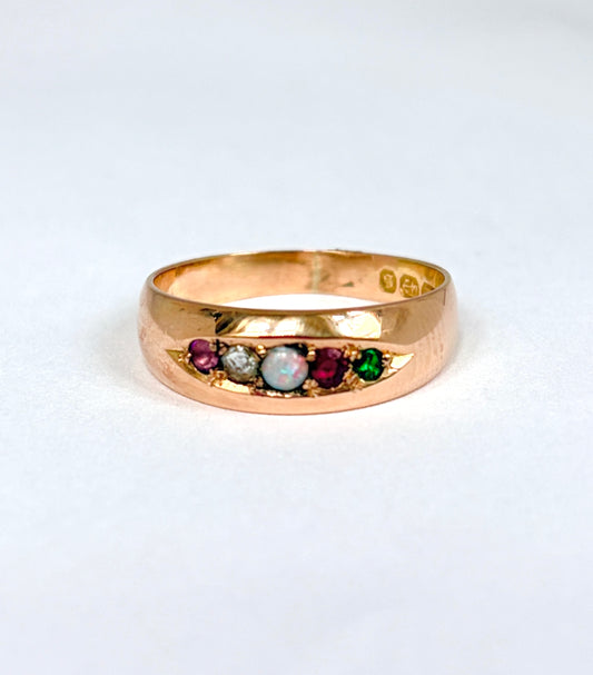 Antique, 15ct Gold Multi Gem Acrostic, 'ADORE' ring, Hallmarked 1892