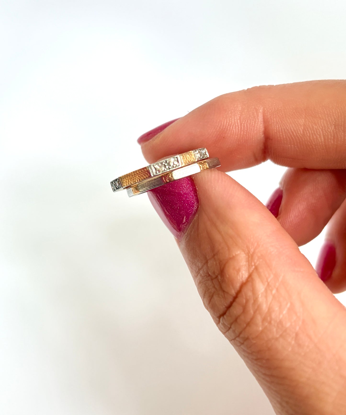 Unique, set of two Vintage, 18ct gold wedding/stacking bands, Hallmarked 18ct Gold and Platinum
