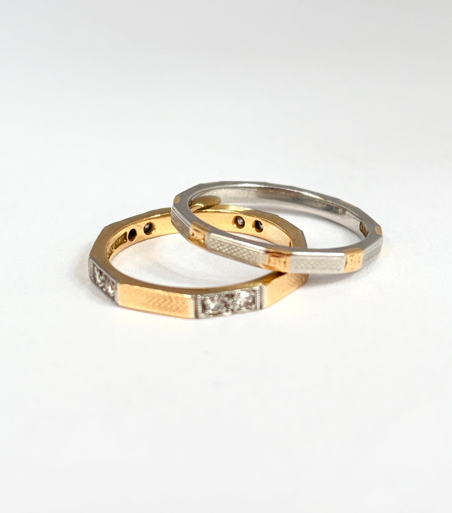 Unique, set of two Vintage, 18ct gold wedding/stacking bands, Hallmarked 18ct Gold and Platinum