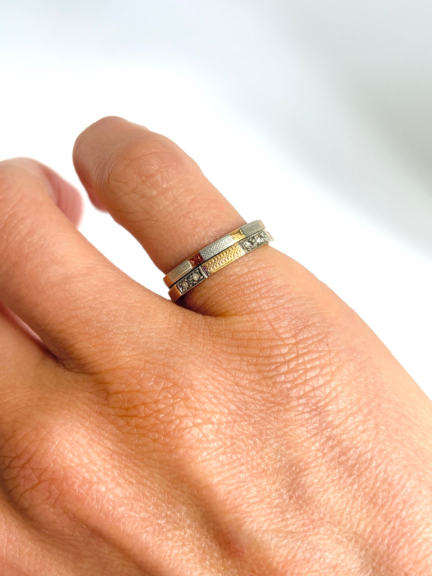 Unique, set of two Vintage, 18ct gold wedding/stacking bands, Hallmarked 18ct Gold and Platinum