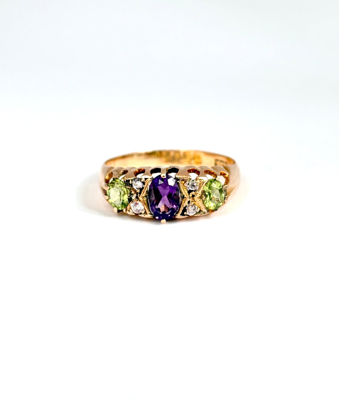 Antique, 18ct Gold, Amethyst, Peridot and Diamond Ring (Suffragette Colours) Hallmarked 1914
