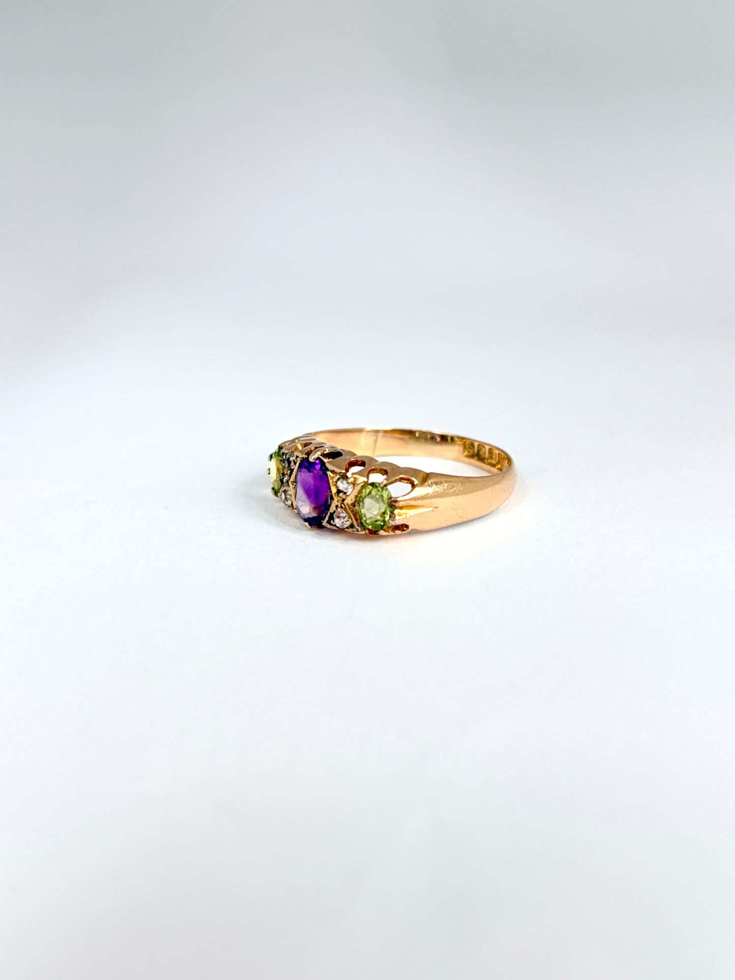Antique, 18ct Gold, Amethyst, Peridot and Diamond Ring (Suffragette Colours) Hallmarked 1914