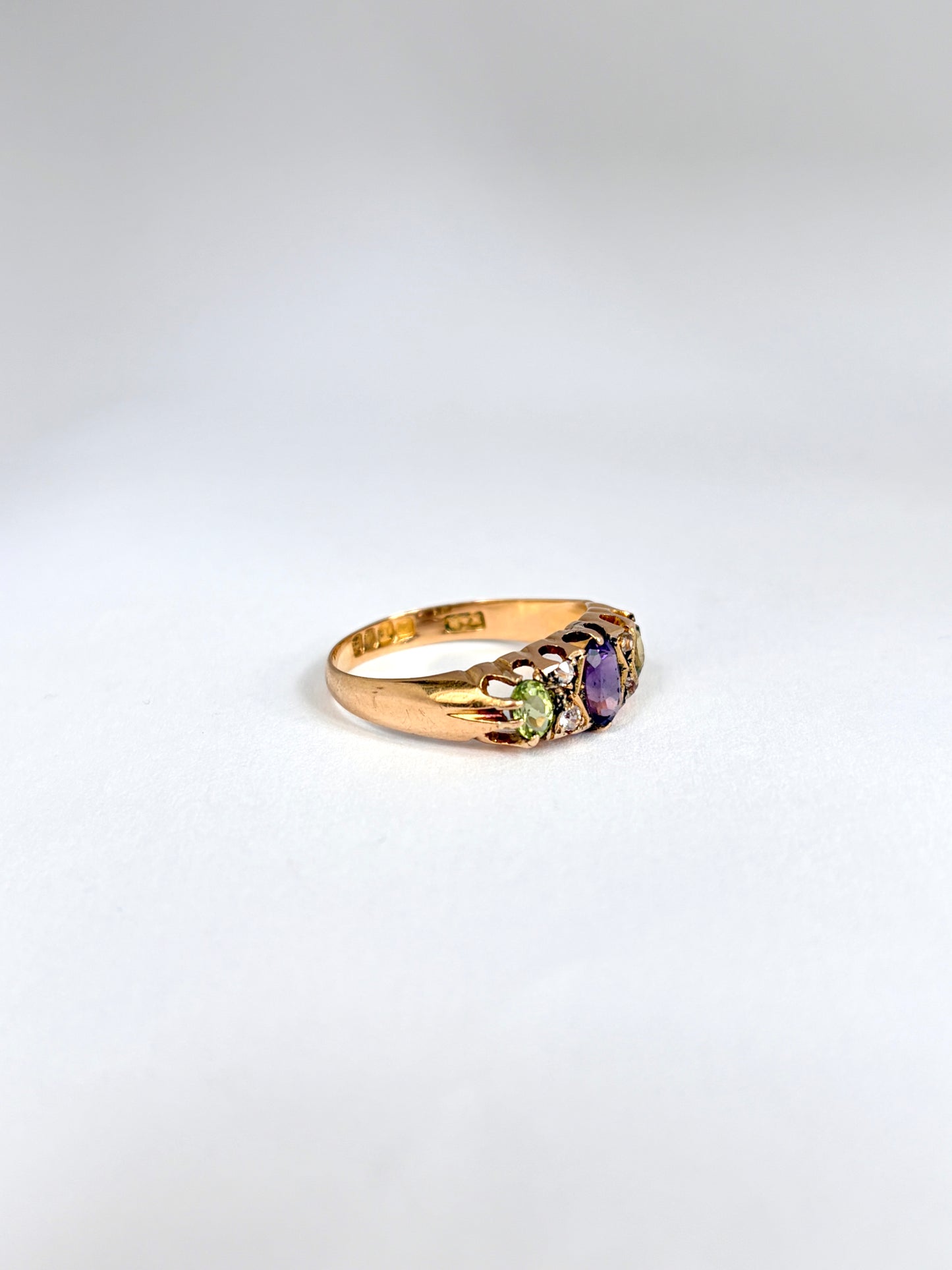 Antique, 18ct Gold, Amethyst, Peridot and Diamond Ring (Suffragette Colours) Hallmarked 1914