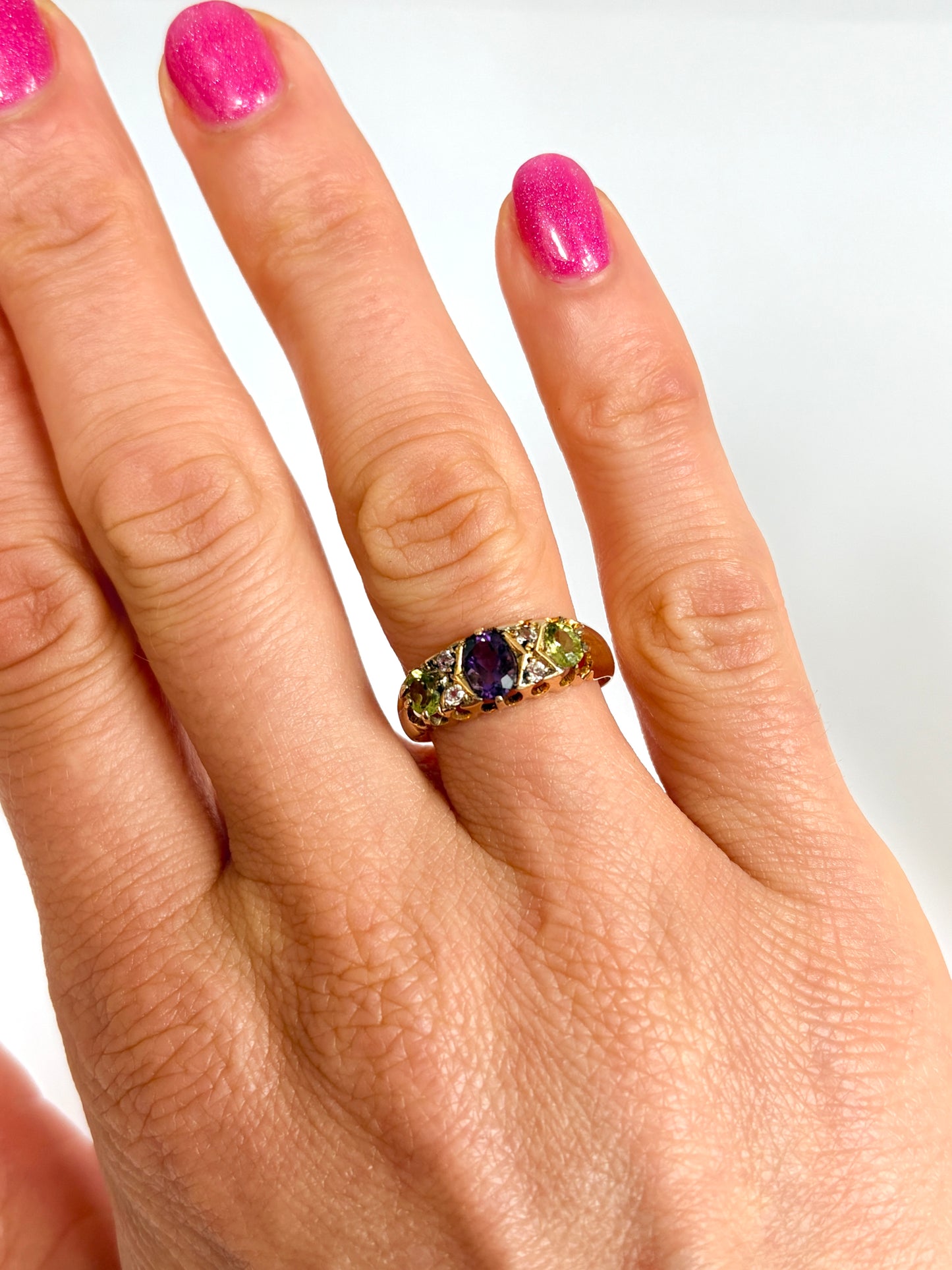 Antique, 18ct Gold, Amethyst, Peridot and Diamond Ring (Suffragette Colours) Hallmarked 1914