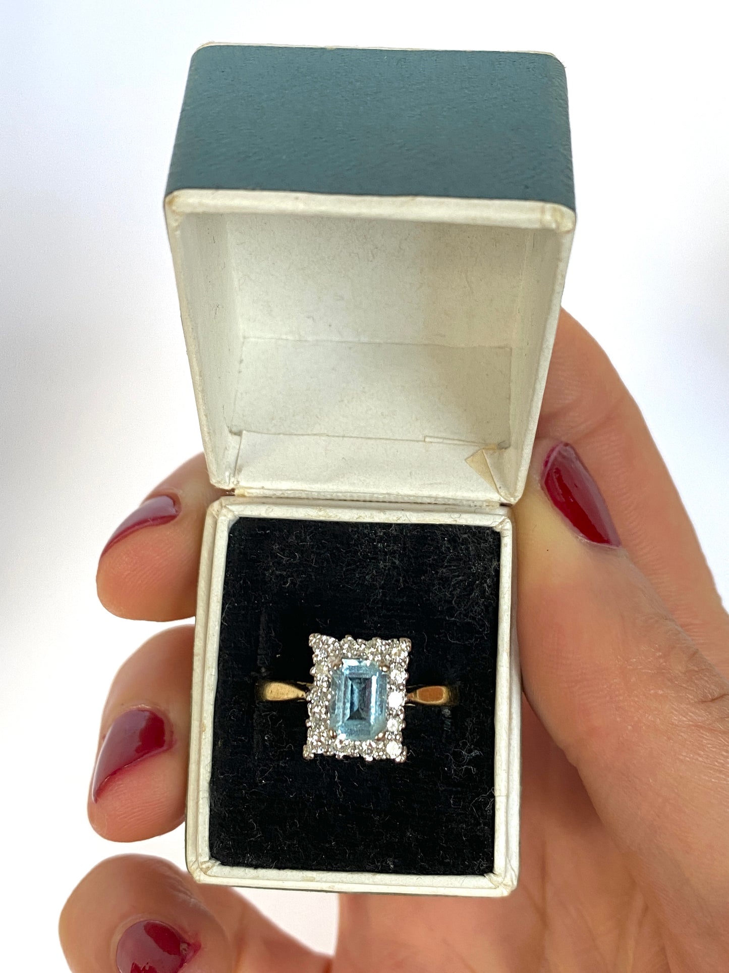Vintage, 18ct Gold, Aquamarine and Diamond Rectangle Ring, Sheffield 1998