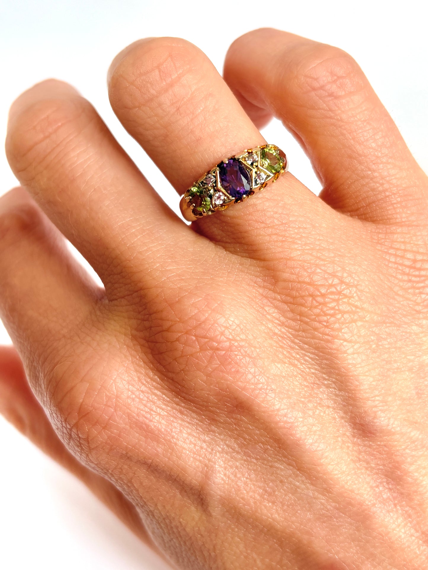 Antique, 18ct Gold, Amethyst, Peridot and Diamond Ring (Suffragette Colours) Hallmarked 1914