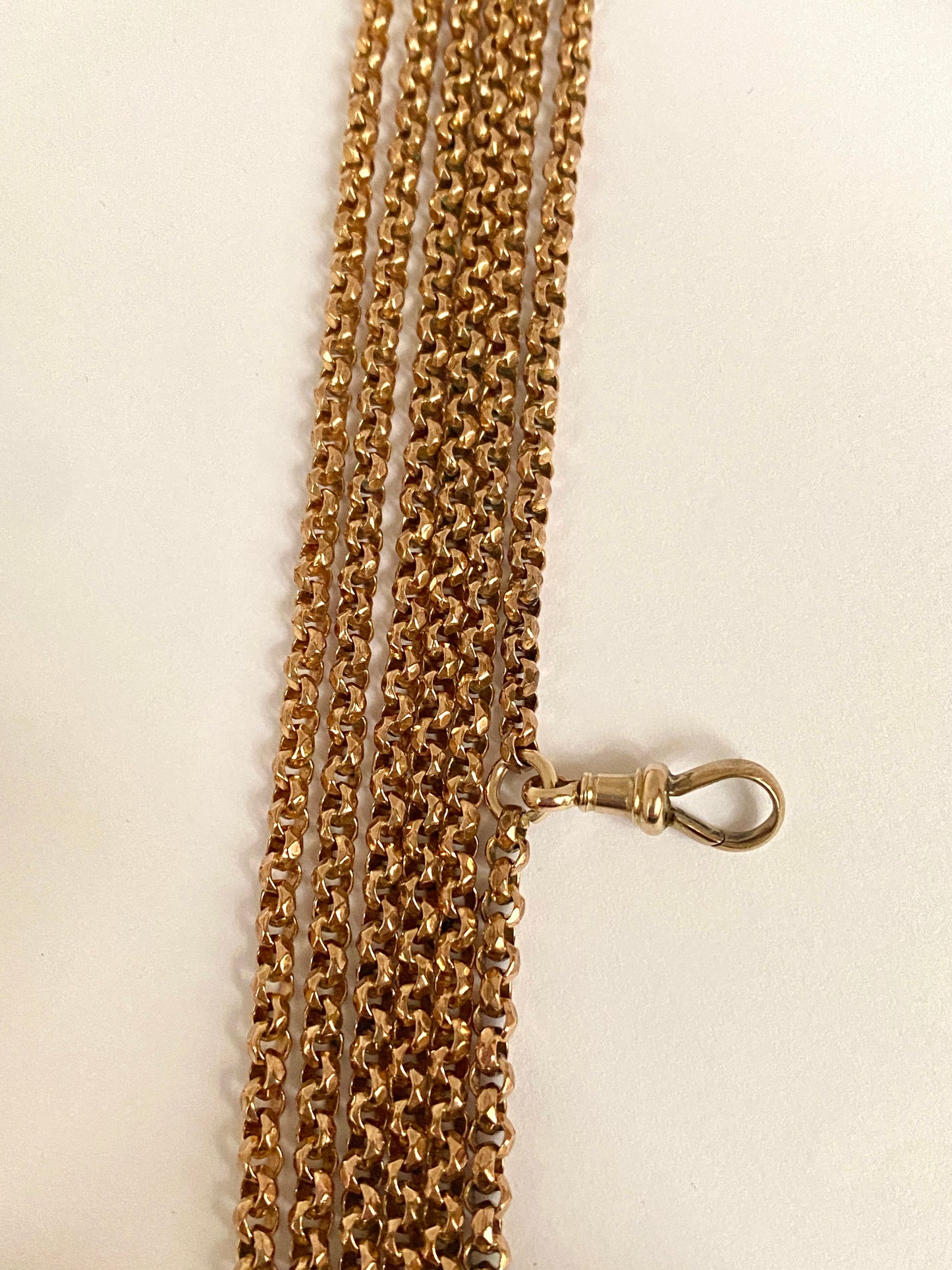 64 inch, Original, Antique, Rolled Gold Victorian Long Guard Chain with Dog Clip, 43.36g