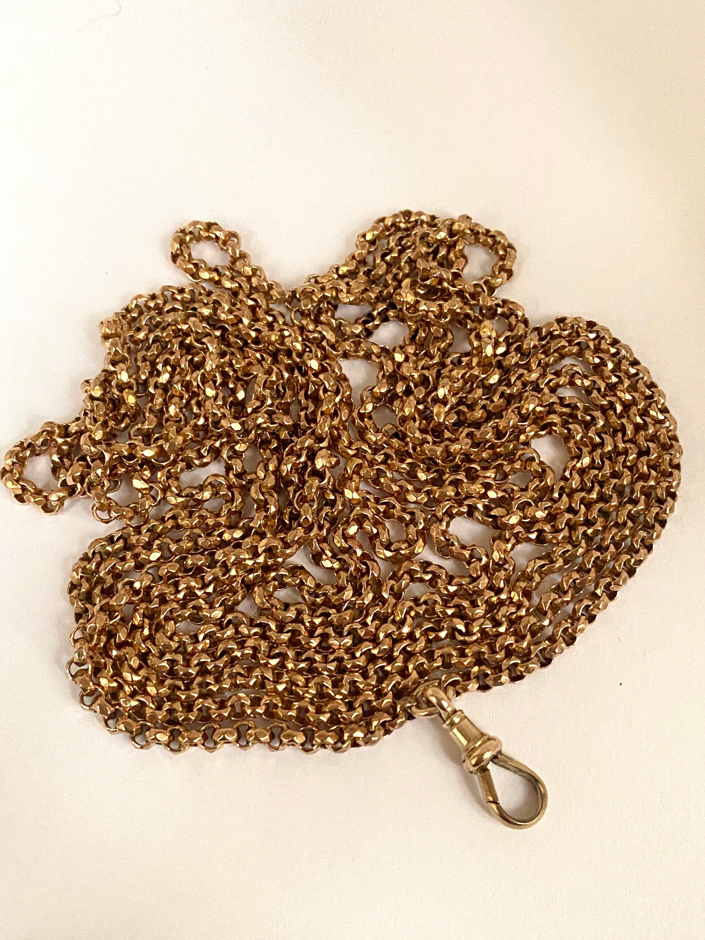 64 inch, Original, Antique, Rolled Gold Victorian Long Guard Chain with Dog Clip, 43.36g