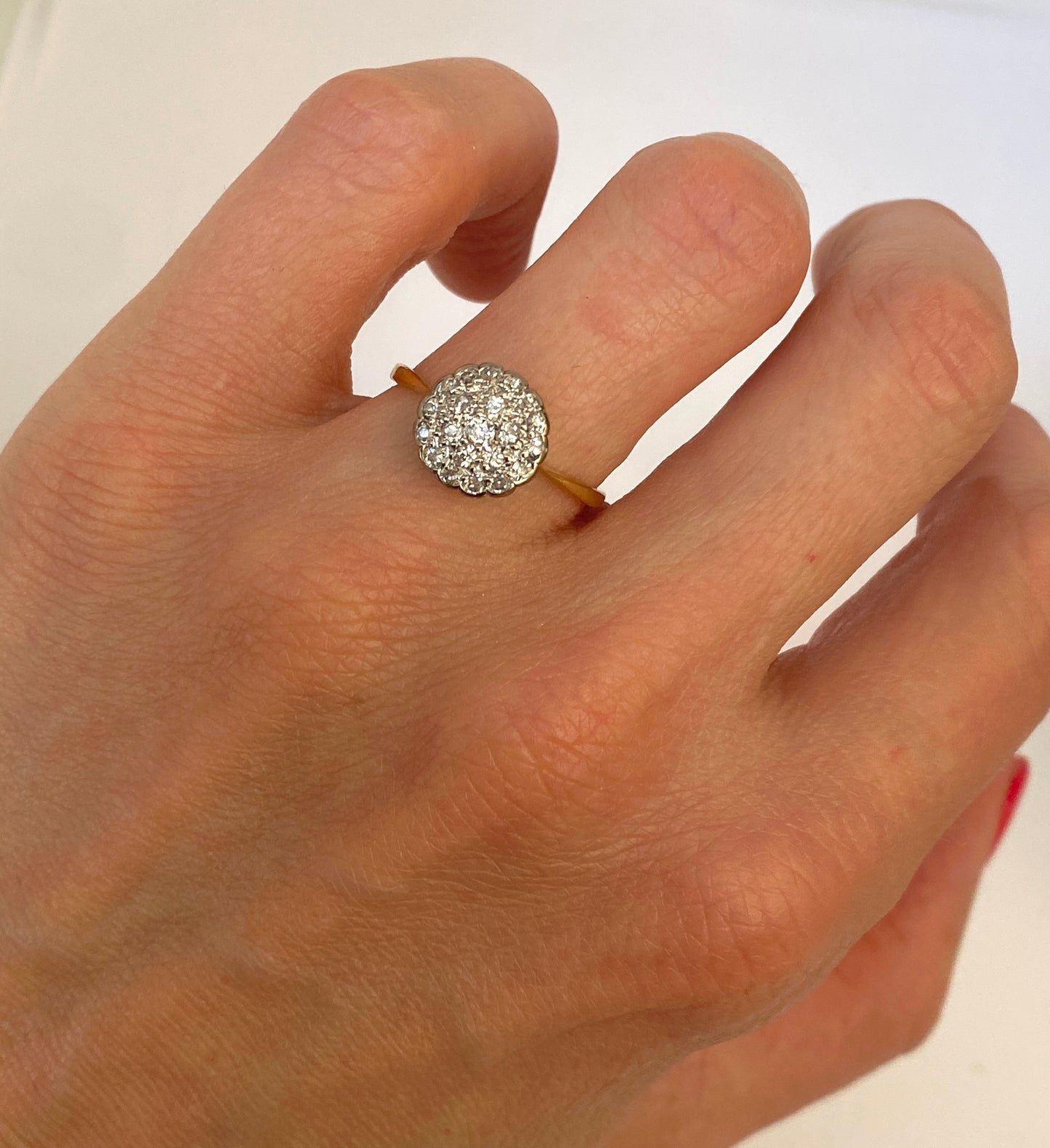 18ct Gold, Art Deco, Old Cut Diamond Target / Flower Ring, Circa 1940