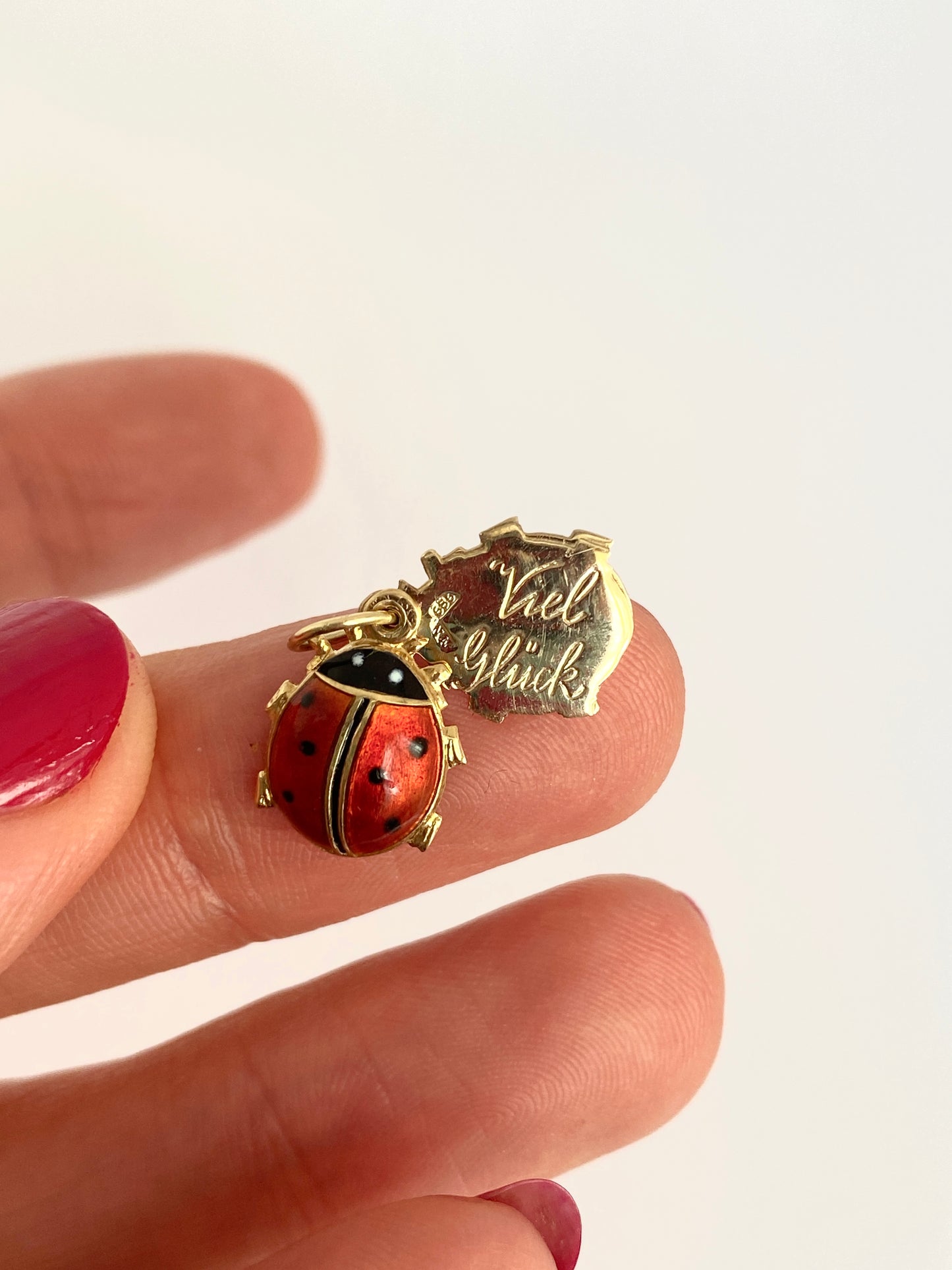 Vintage, 14ct Gold and Enamel, Lucky Ladybird / Ladybug slider Charm/Pendant with Hidden 'Good Luck' message