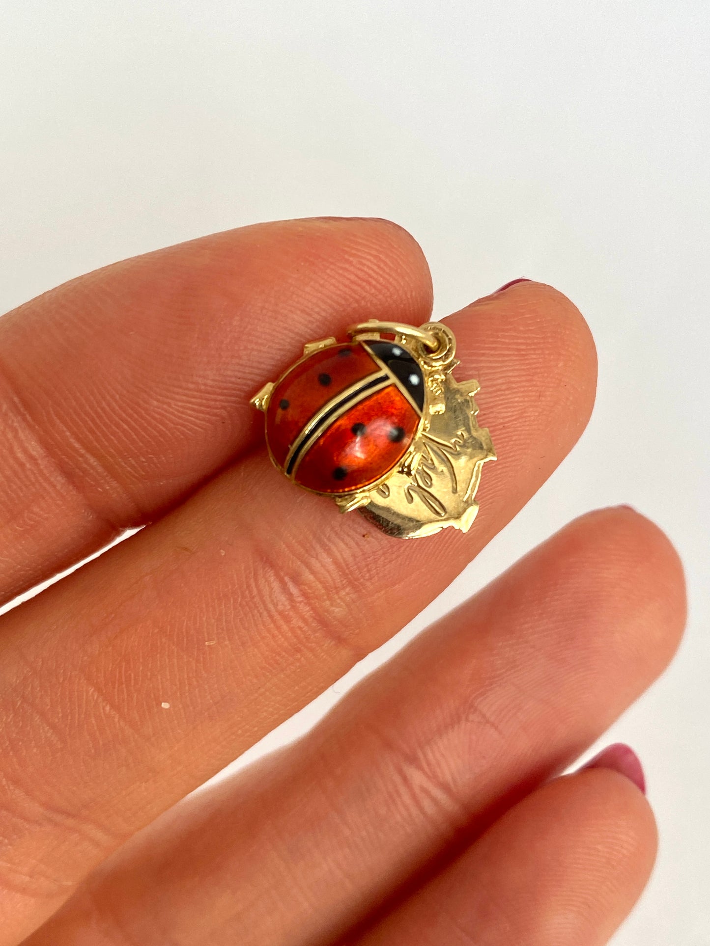 Vintage, 14ct Gold and Enamel, Lucky Ladybird / Ladybug slider Charm/Pendant with Hidden 'Good Luck' message